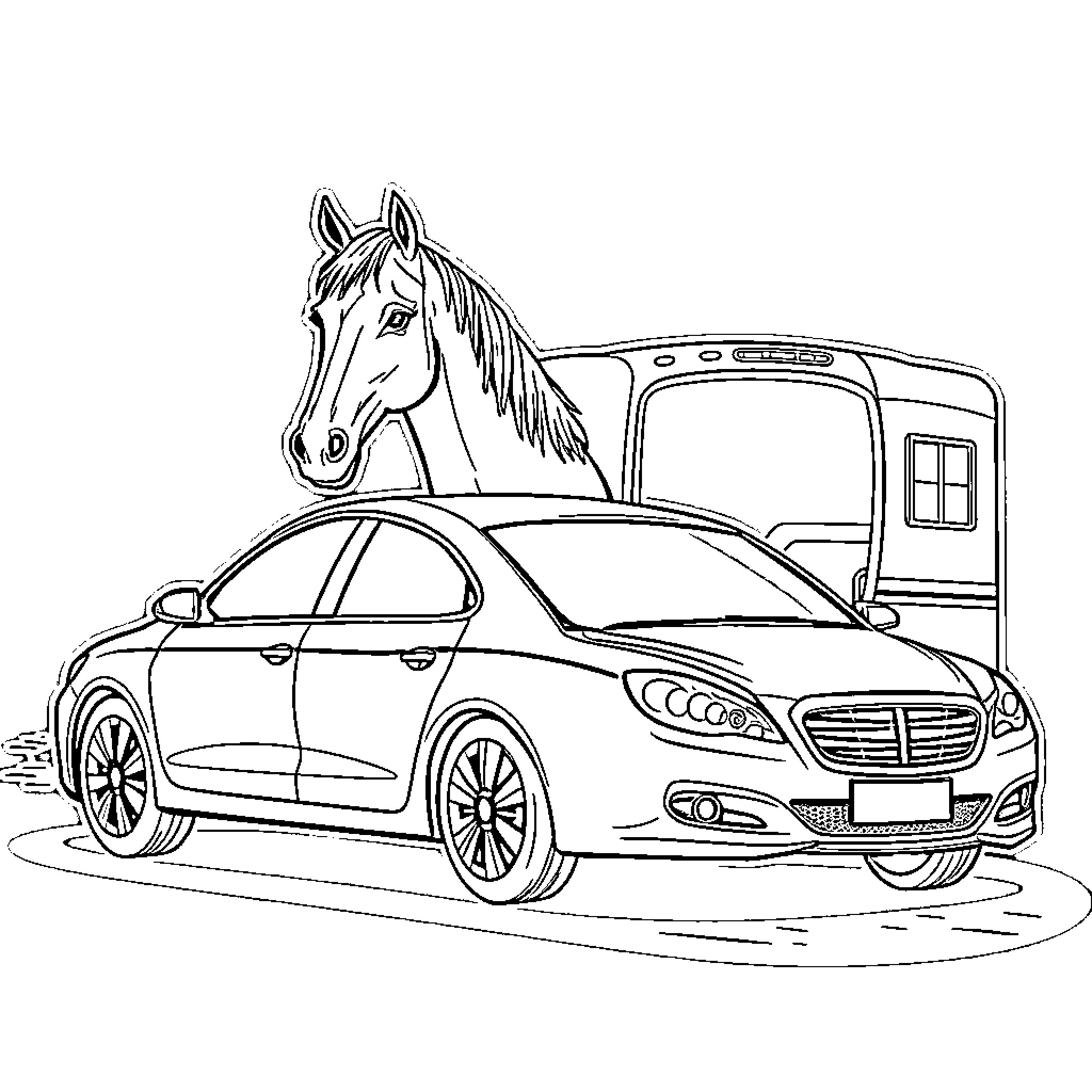 Car transporting horse in trailer Coloring Page (free black-and-white line drawing printable PDF for all, from beginners to advanced learners, including children, teens, adults, and seniors)