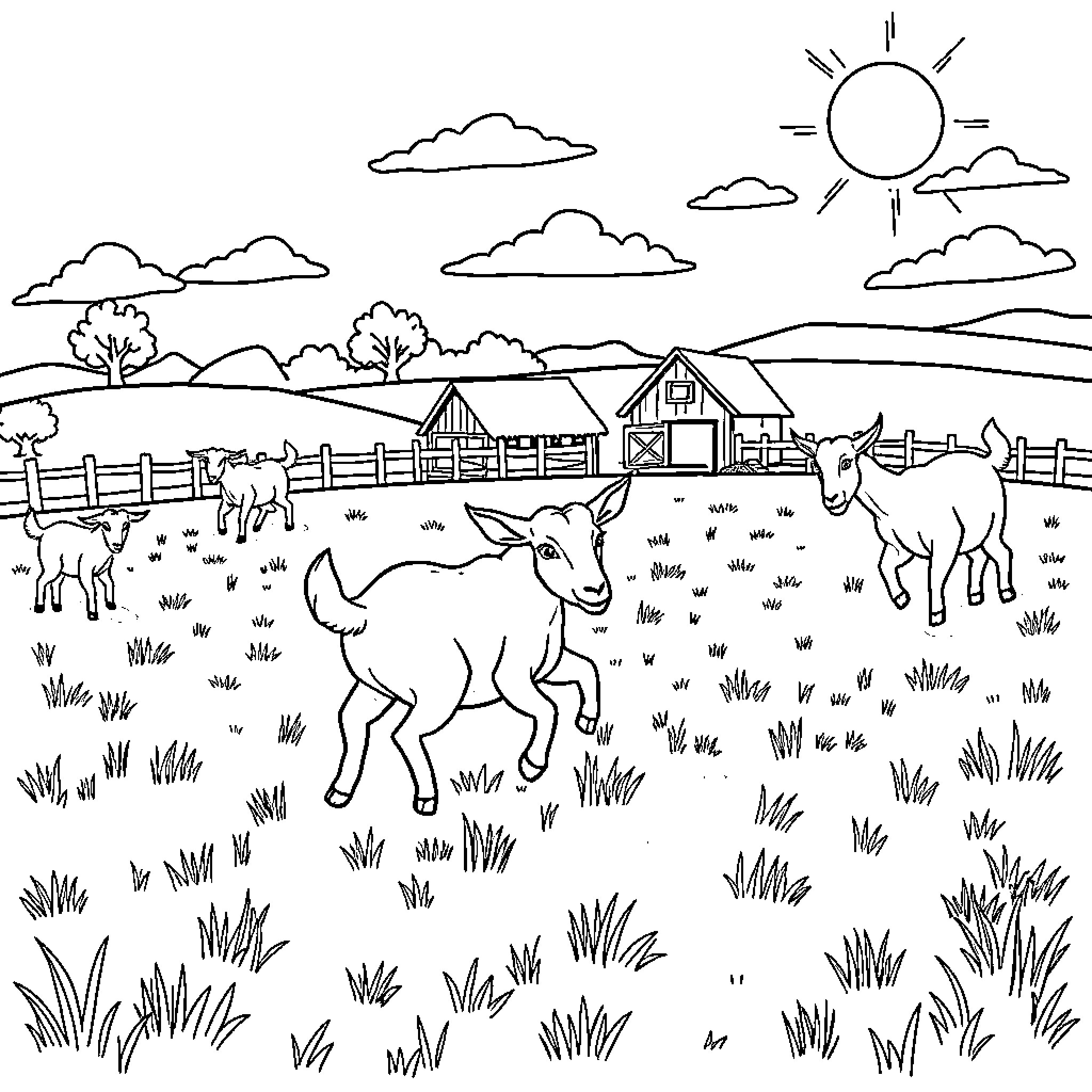 Goats playing happily in a rural farm landscape Coloring Page (free black-and-white line drawing printable PDF for all, from beginners to advanced learners, including children, teens, adults, and seniors)