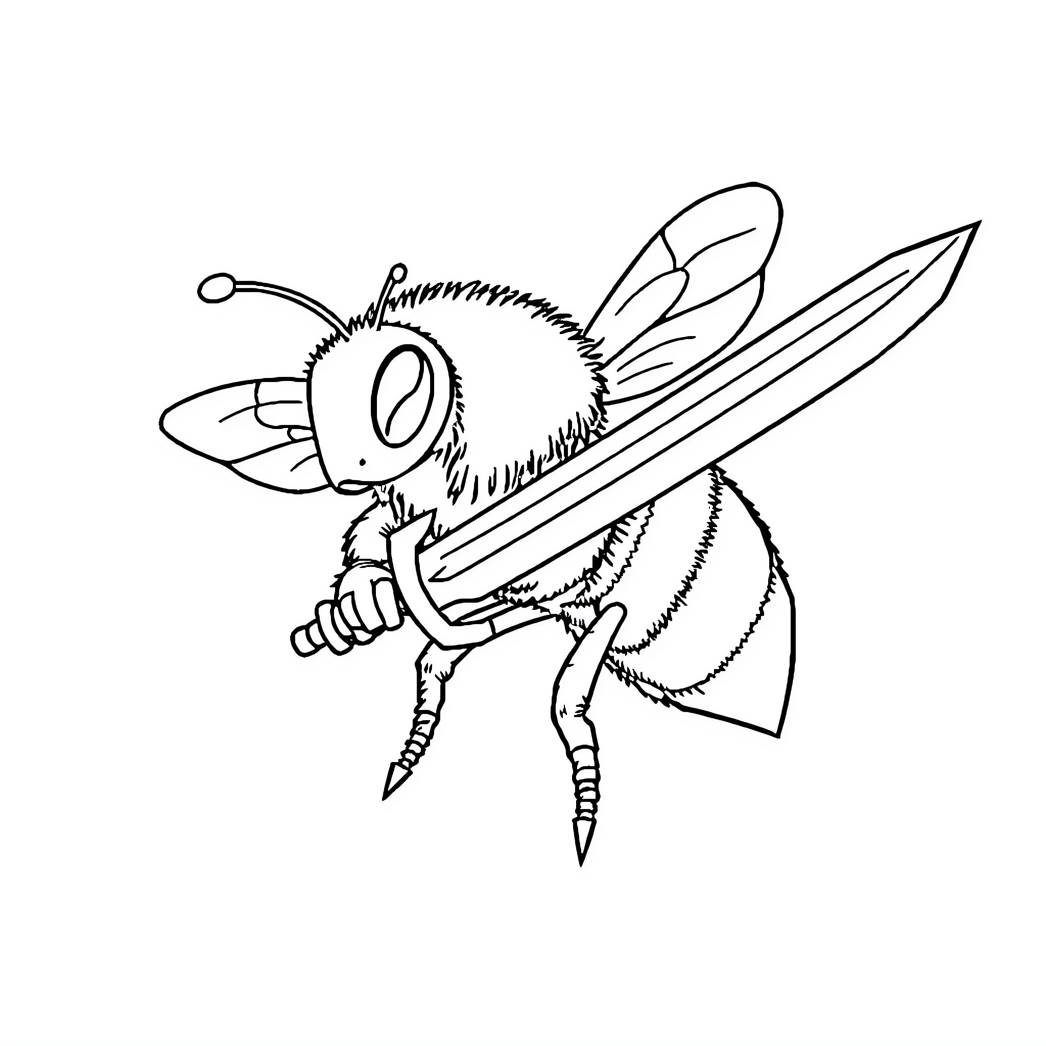 Bumble Bee Holding Oversized Scissors Coloring Page (free black-and-white line drawing printable PDF for all, from beginners to advanced learners, including children, teens, adults, and seniors)