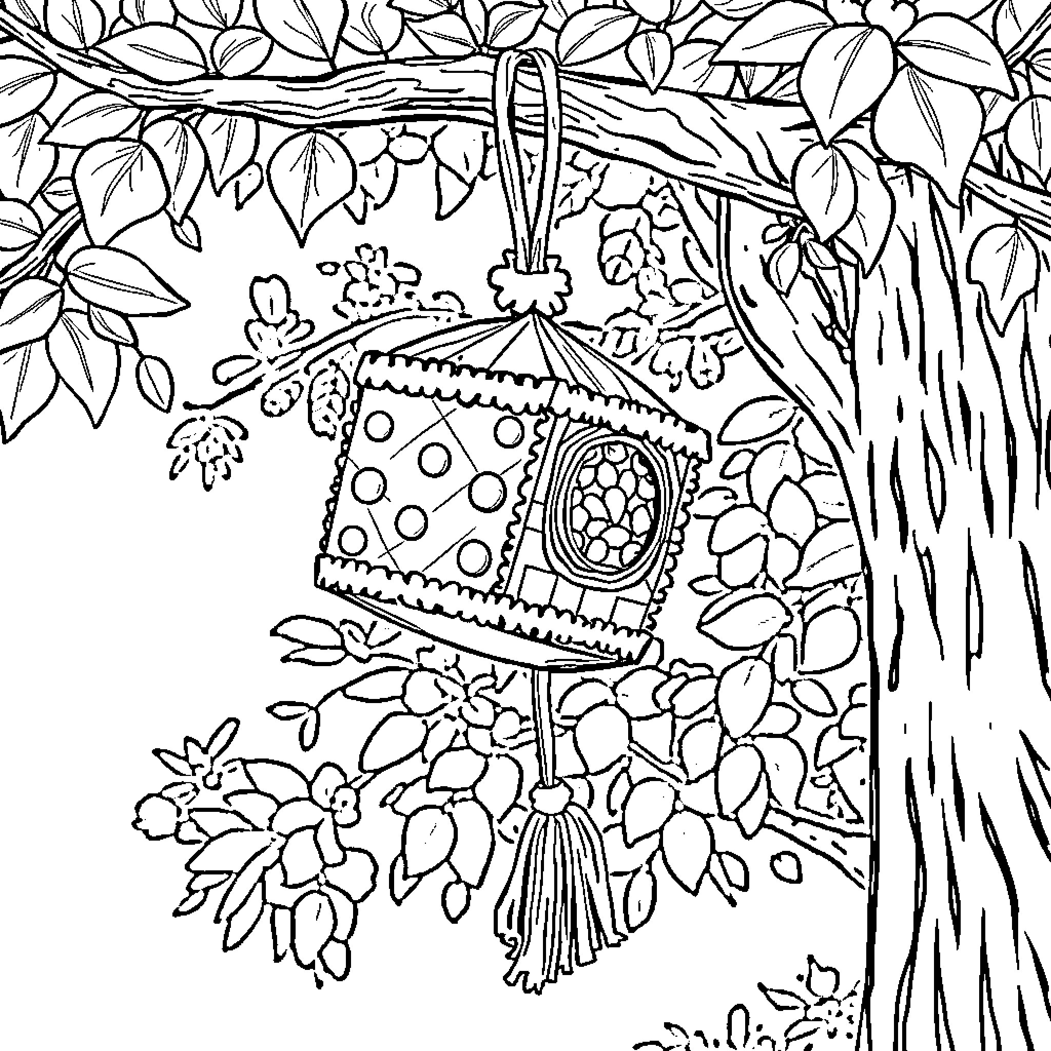 Pinata hanging from a tree branch in a forest Coloring Page (free black-and-white line drawing printable PDF for all, from beginners to advanced learners, including children, teens, adults, and seniors)