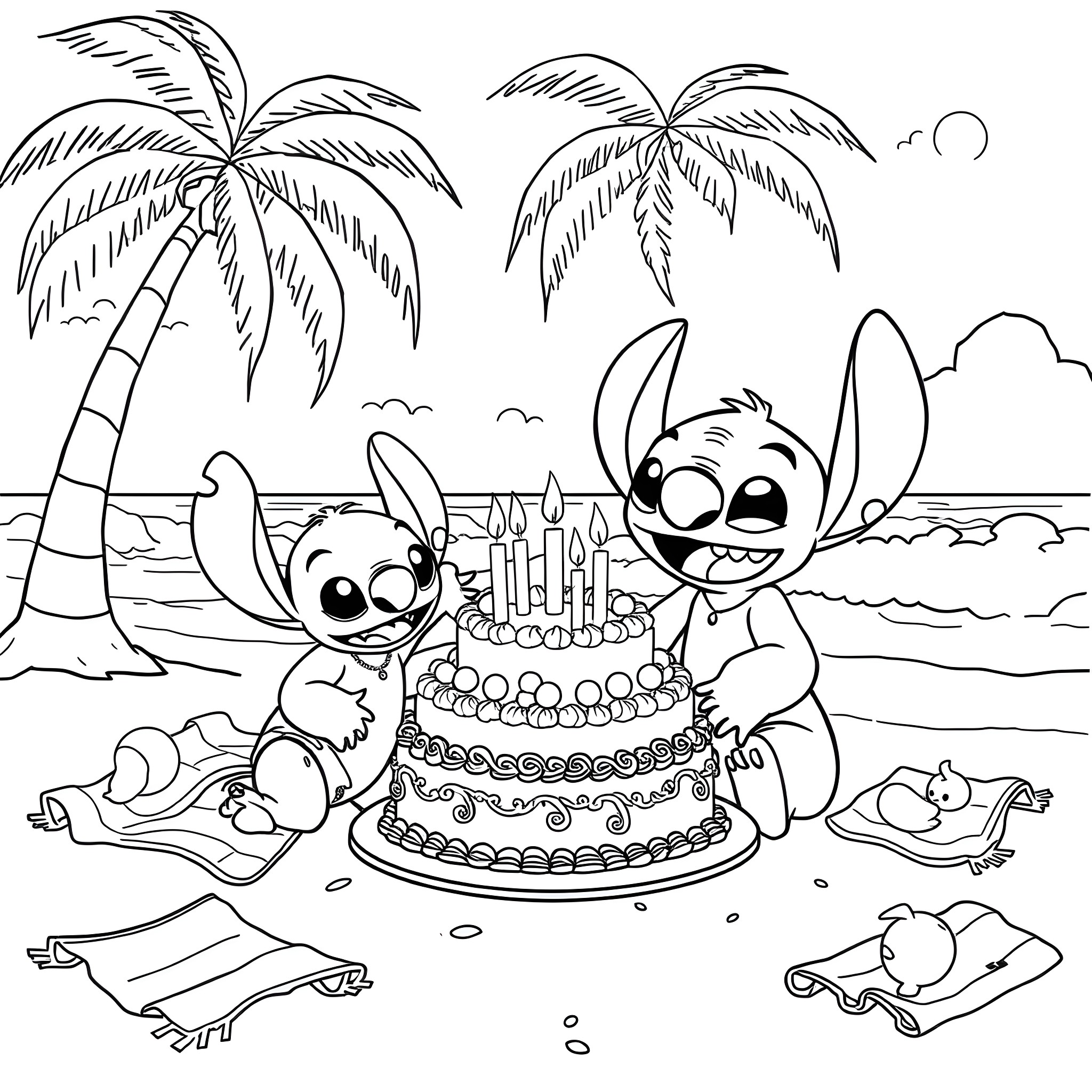 Lilo celebrating her birthday on the beach with Stitch Coloring Page (free black-and-white line drawing printable PDF for all, from beginners to advanced learners, including children, teens, adults, and seniors)