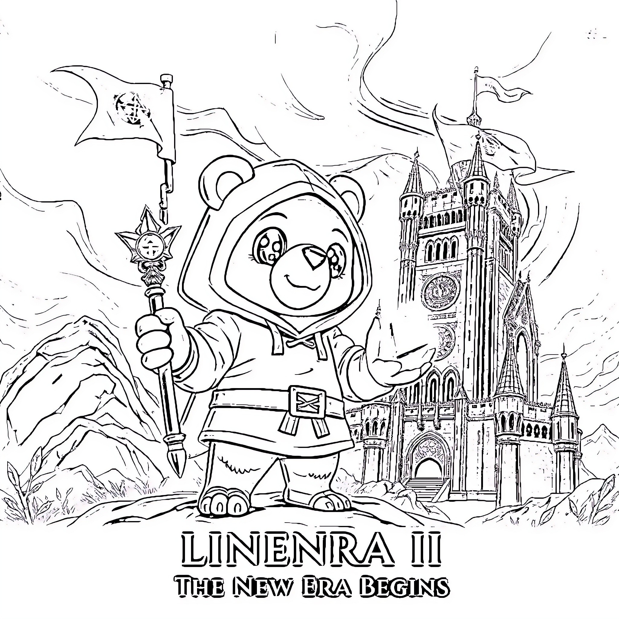 Bear soldier marching with flag in front of castle Coloring Page (free black-and-white line drawing printable PDF for all, from beginners to advanced learners, including children, teens, adults, and seniors)