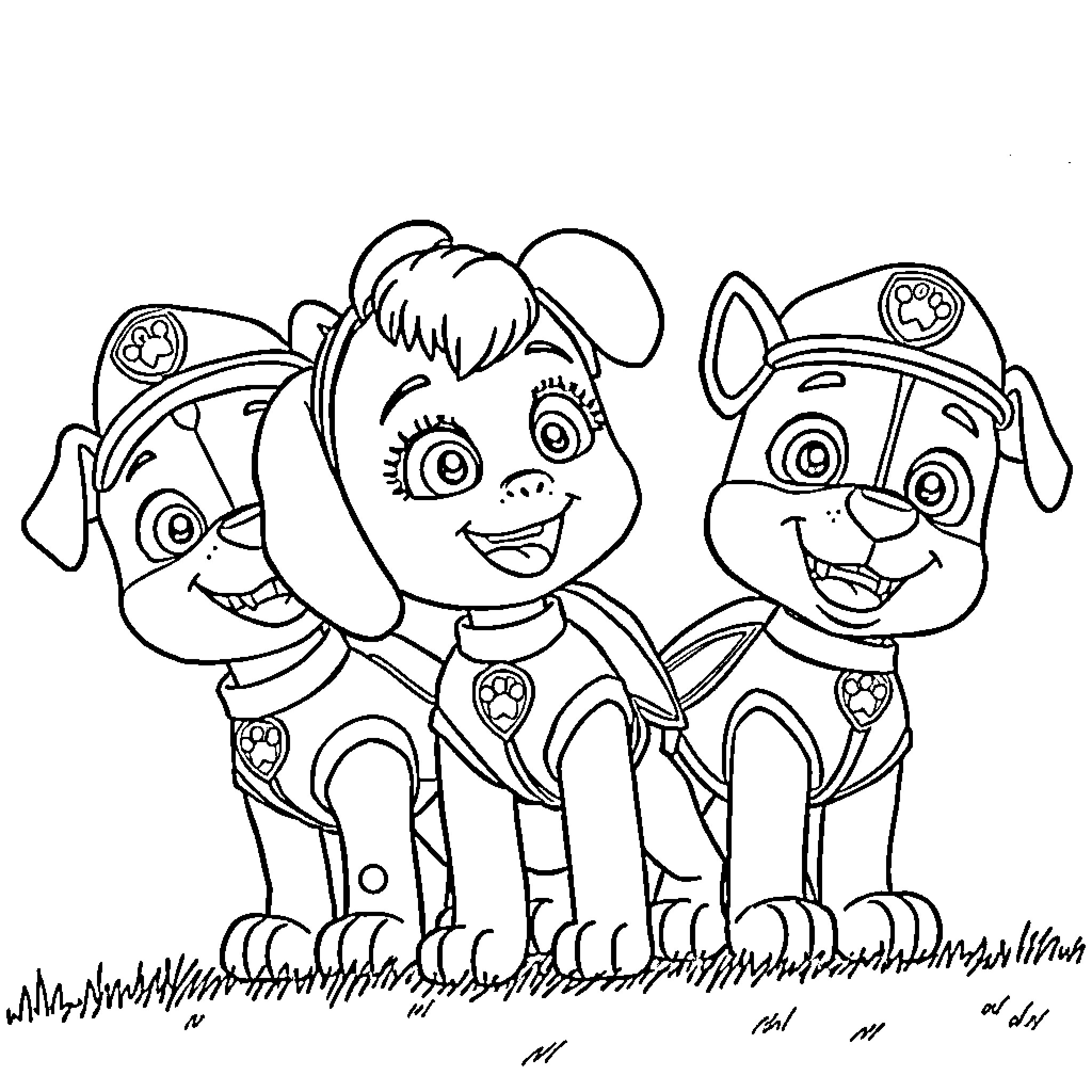 Penelope Pitstop and the Paw Patrol Pups Coloring Page (free black-and-white line drawing printable PDF for all, from beginners to advanced learners, including children, teens, adults, and seniors)