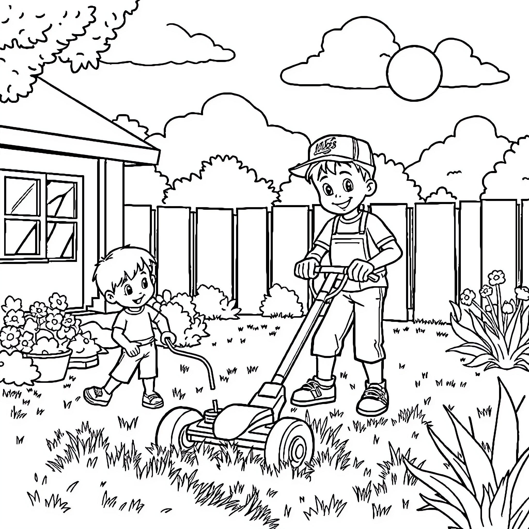 Kid playing happily in the backyard with friend Coloring Page (free black-and-white line drawing printable PDF for all, from beginners to advanced learners, including children, teens, adults, and seniors)