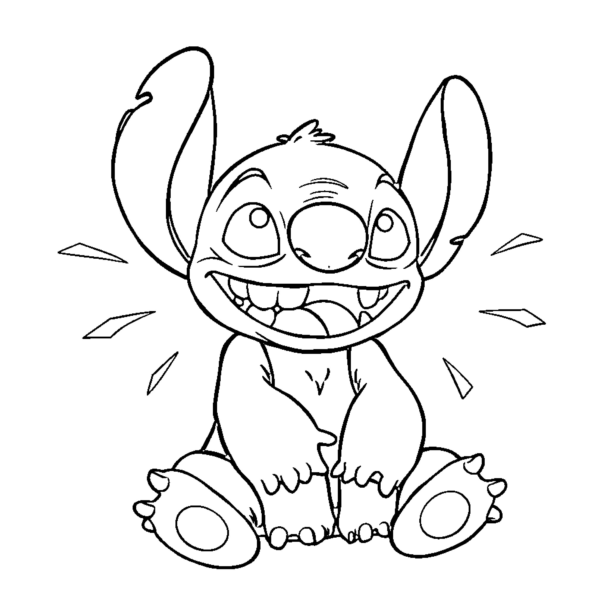 Stitch sitting and smiling playfully Coloring Page (free black-and-white line drawing printable PDF for all, from beginners to advanced learners, including children, teens, adults, and seniors)