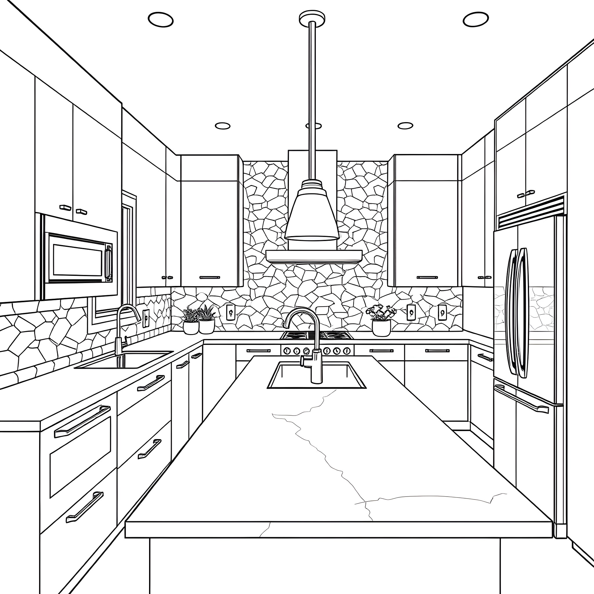 Kitchen with modern appliances and stone backsplash Coloring Page (free black-and-white line drawing printable PDF for all, from beginners to advanced learners, including children, teens, adults, and seniors)
