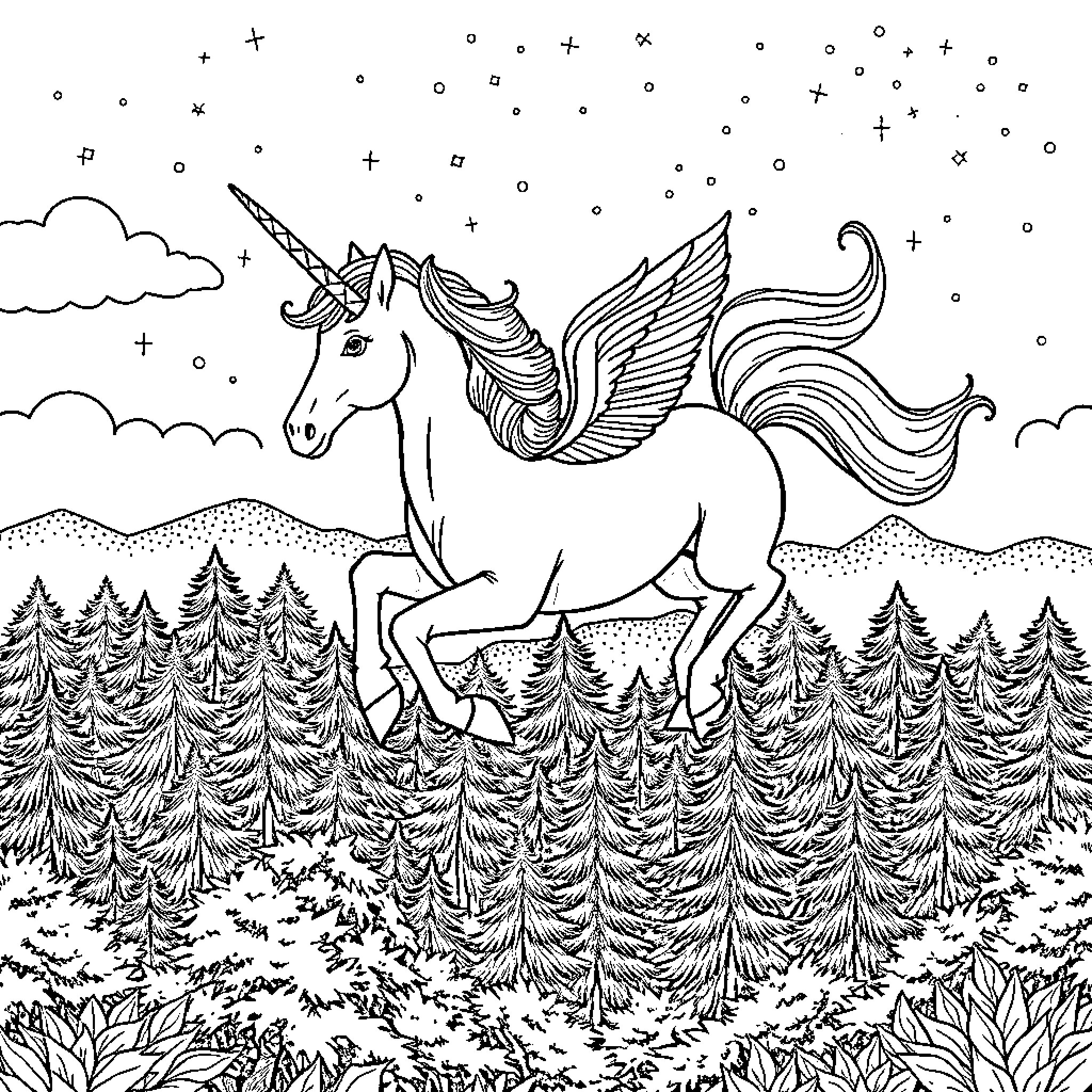 Unicorn soaring through a magical forest landscape Coloring Page (free black-and-white line drawing printable PDF for all, from beginners to advanced learners, including children, teens, adults, and seniors)