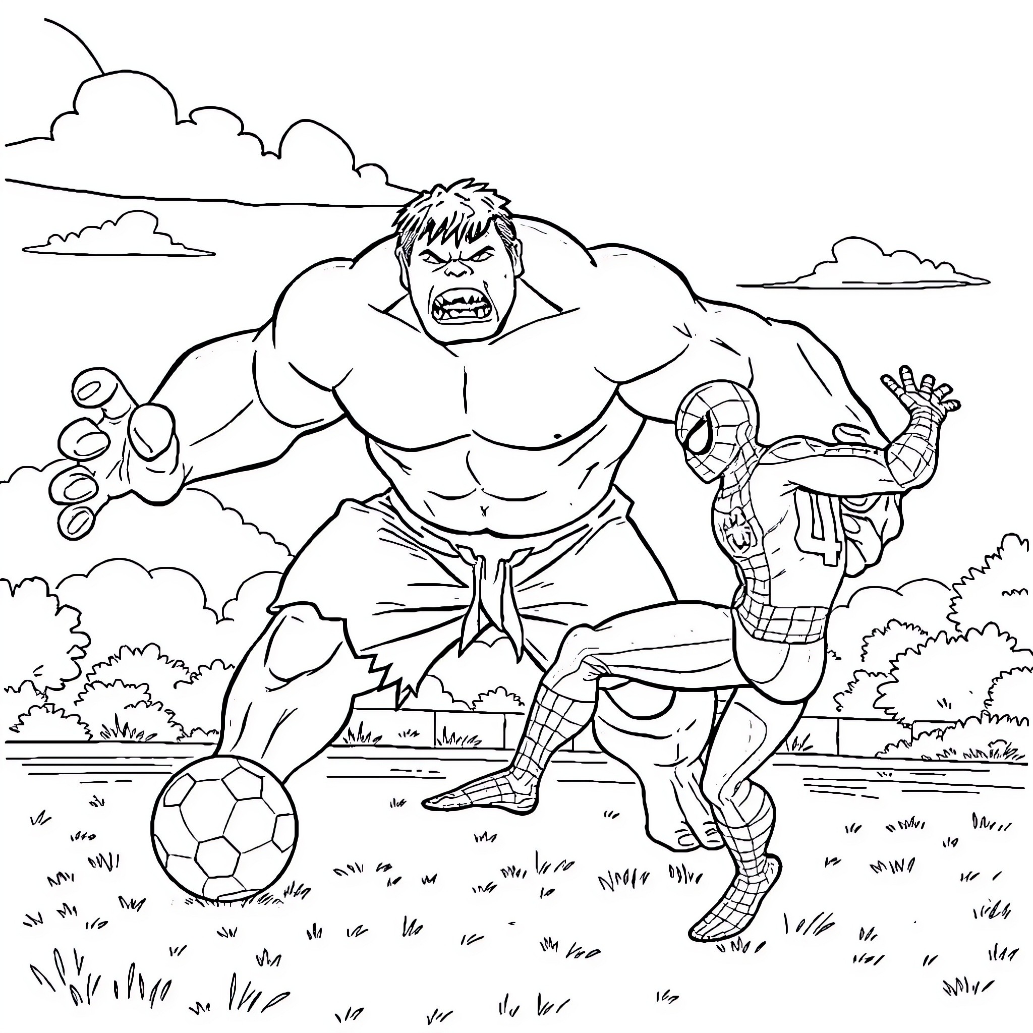 Spiderman battling the Hulk in a sports field Coloring Page (free black-and-white line drawing printable PDF for all, from beginners to advanced learners, including children, teens, adults, and seniors)