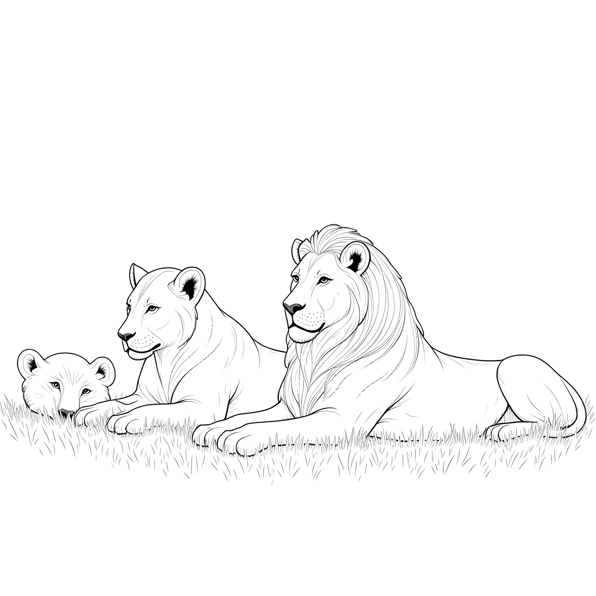Lion family relaxing in the grass Coloring Page (free black-and-white line drawing printable PDF for all, from beginners to advanced learners, including children, teens, adults, and seniors)