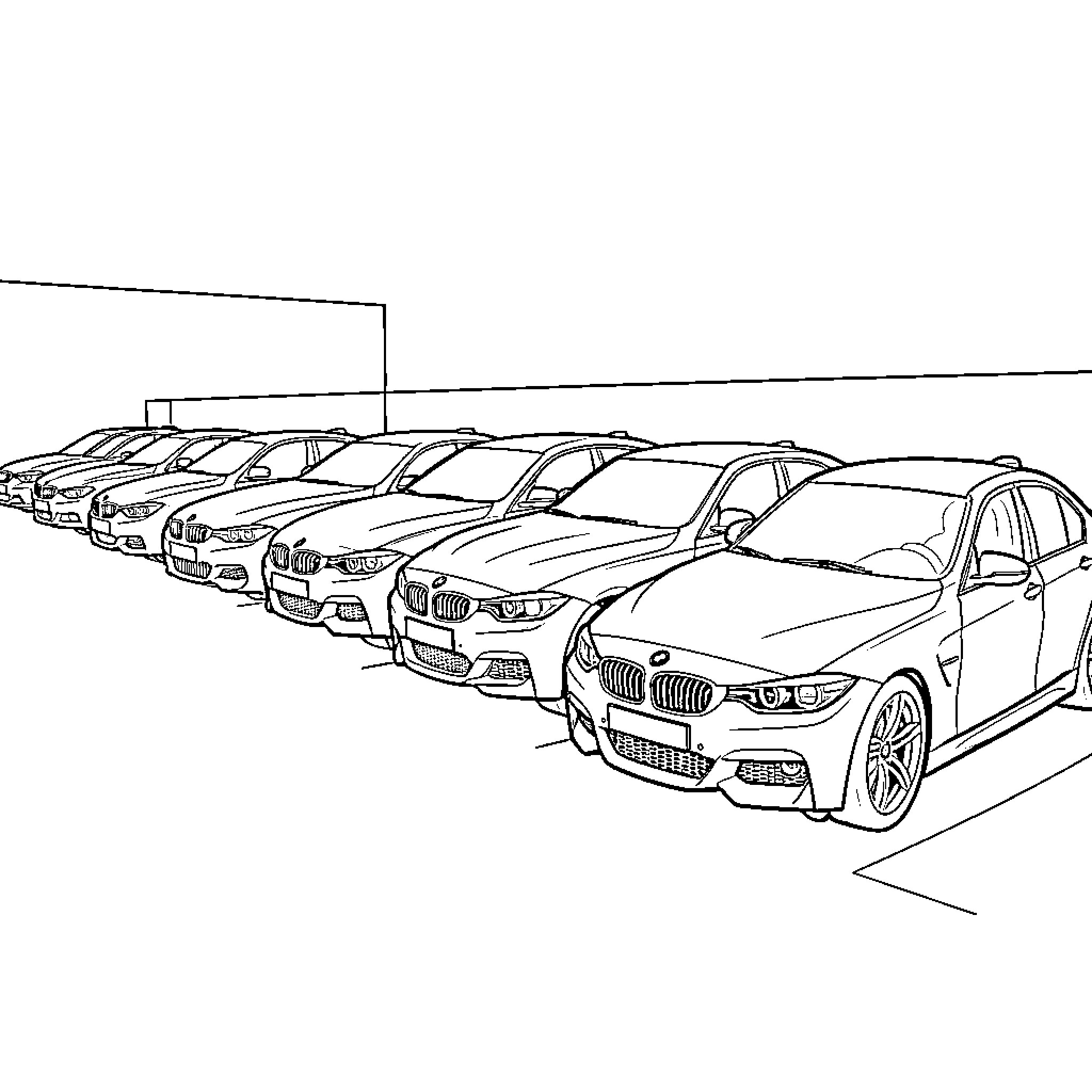 BMW cars parked in a long diagonal row Coloring Page (free black-and-white line drawing printable PDF for all, from beginners to advanced learners, including children, teens, adults, and seniors)