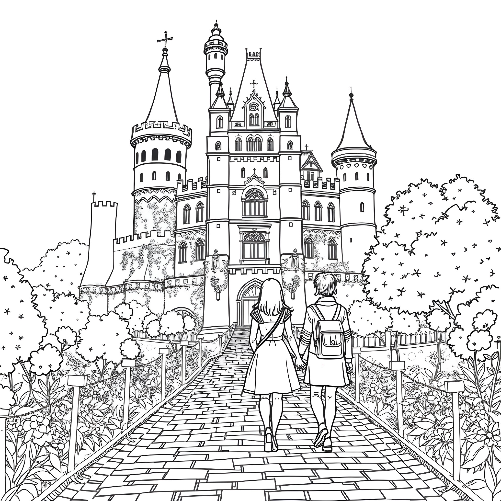Couple walking towards a magical castle Coloring Page (free black-and-white line drawing printable PDF for all, from beginners to advanced learners, including children, teens, adults, and seniors)