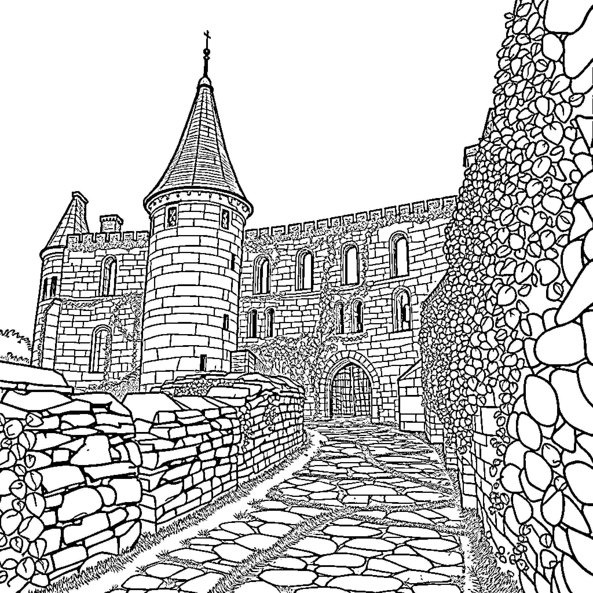 Castle with Intricate Architecture and Stone Path Coloring Page (free black-and-white line drawing printable PDF for all, from beginners to advanced learners, including children, teens, adults, and seniors)