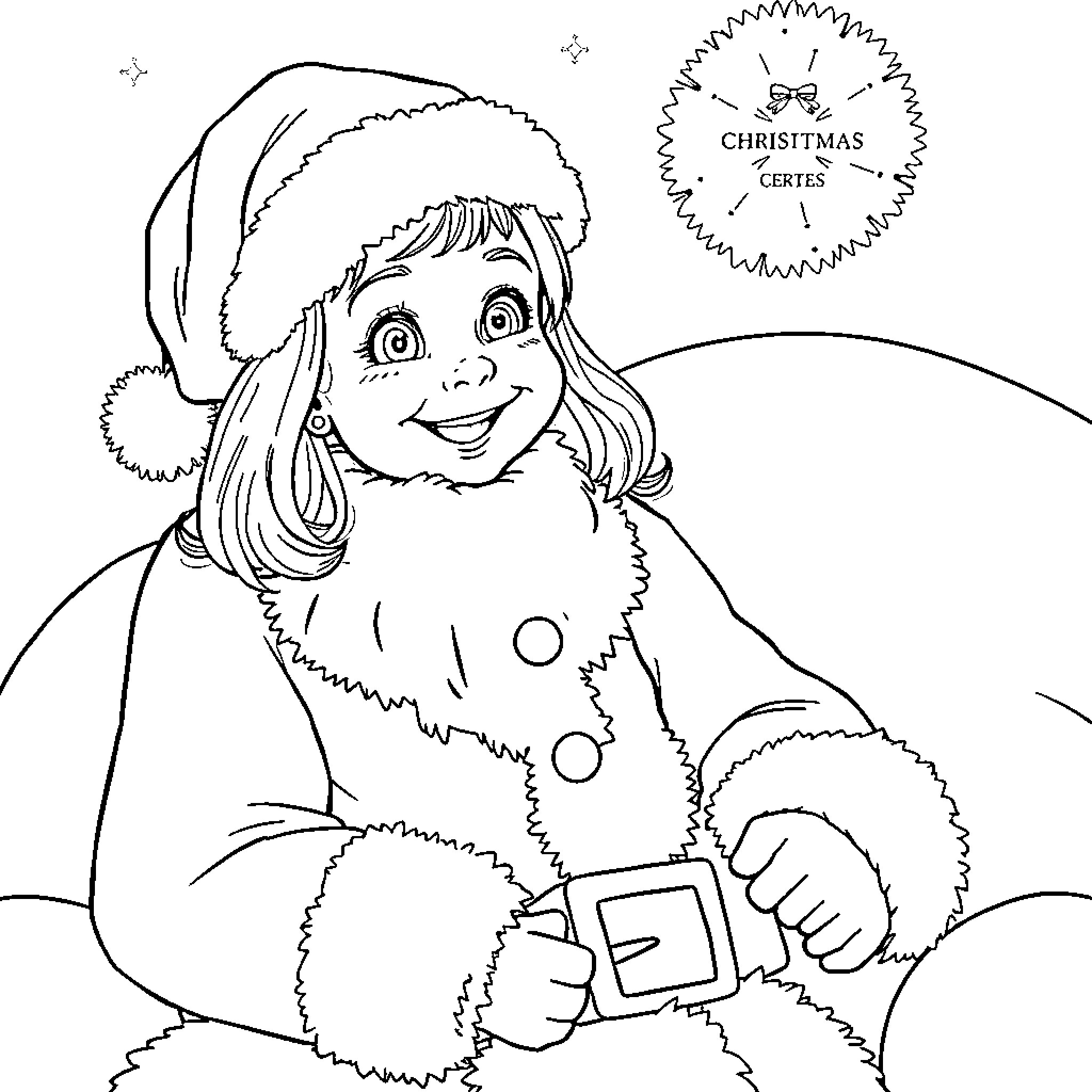 Girl in Santa Claus costume smiling happily Coloring Page (free black-and-white line drawing printable PDF for all, from beginners to advanced learners, including children, teens, adults, and seniors)