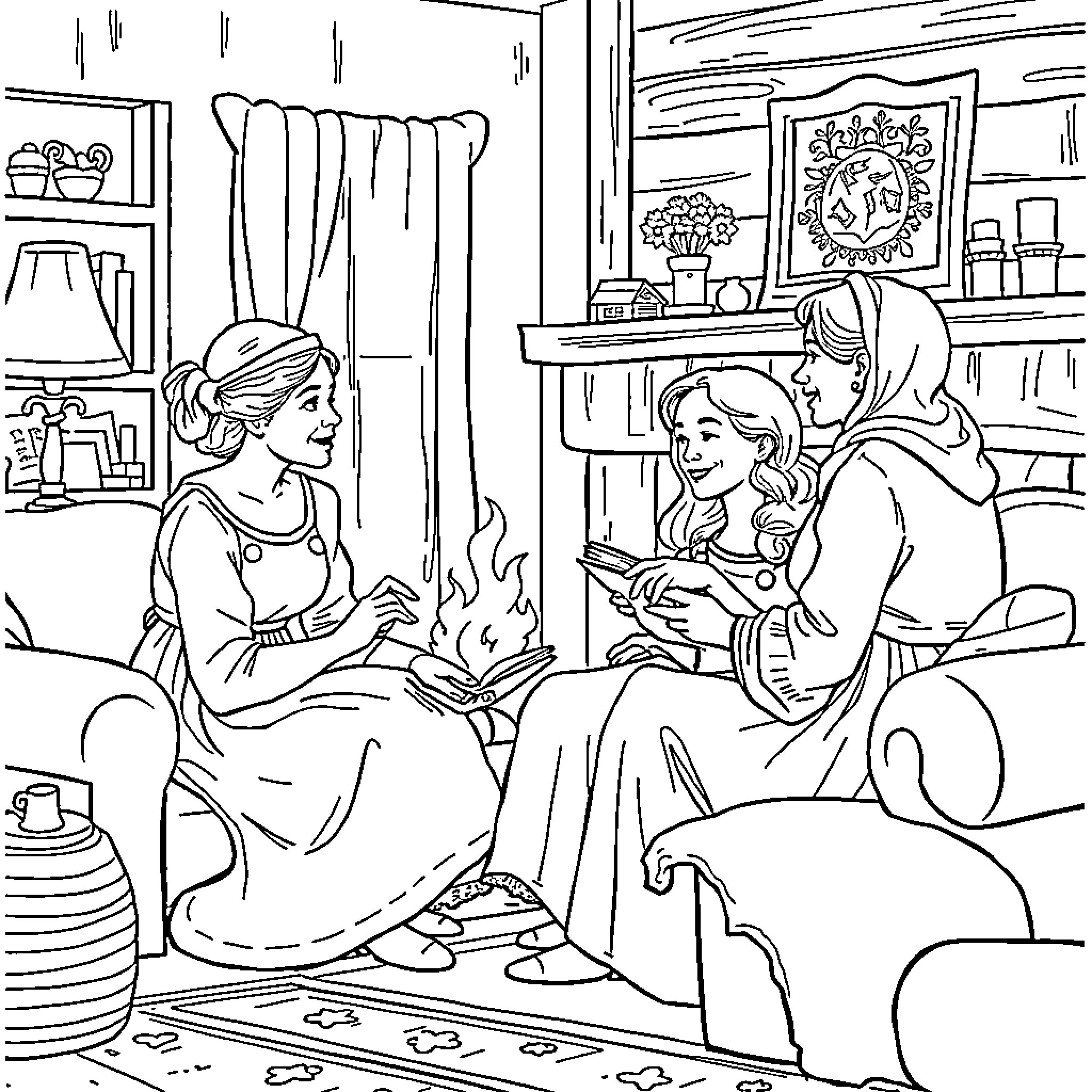 March Sisters Enjoy Cozy Conversation in Domestic Scene Coloring Page (free black-and-white line drawing printable PDF for all, from beginners to advanced learners, including children, teens, adults, and seniors)