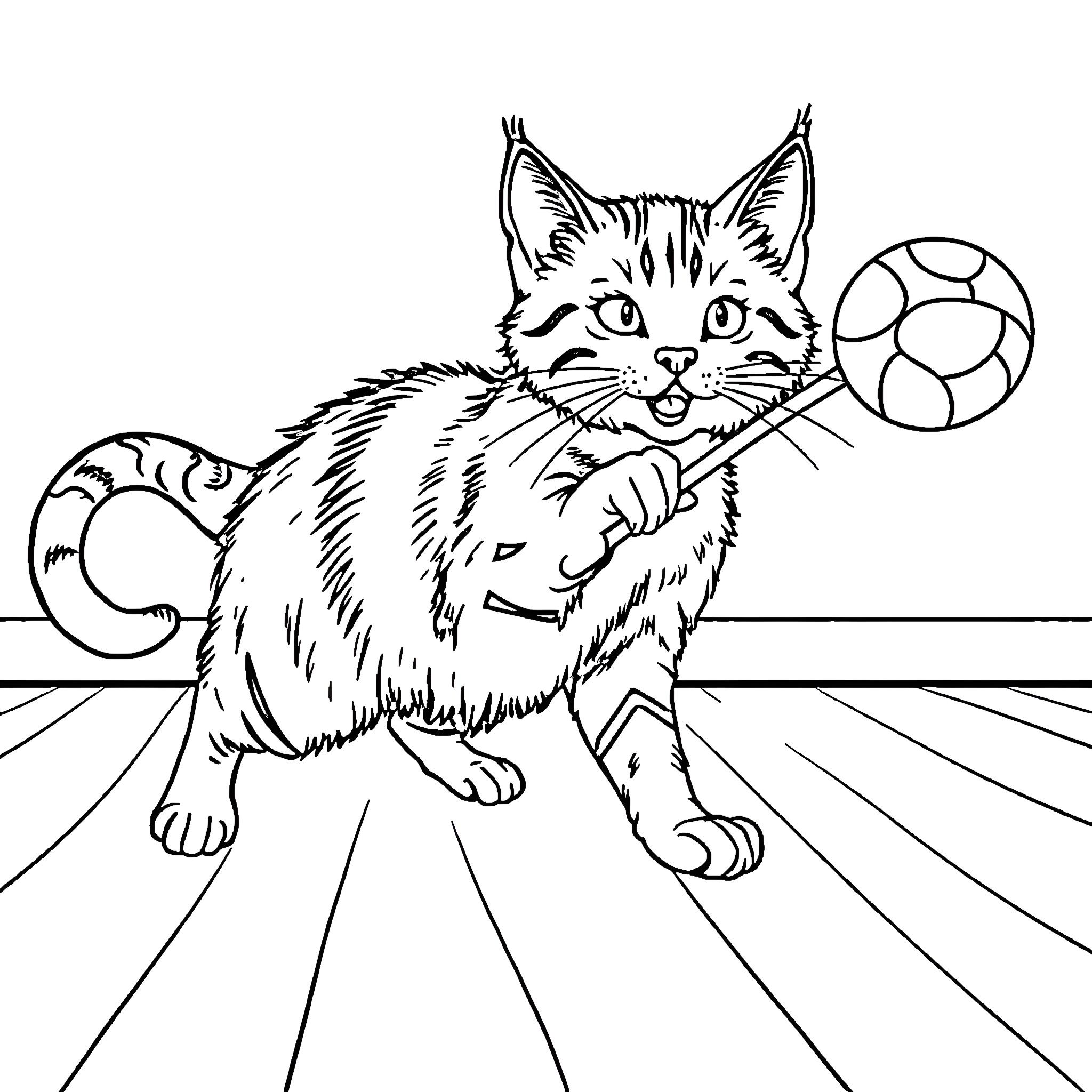 Cat playing with ball on floor Coloring Page (free black-and-white line drawing printable PDF for all, from beginners to advanced learners, including children, teens, adults, and seniors)
