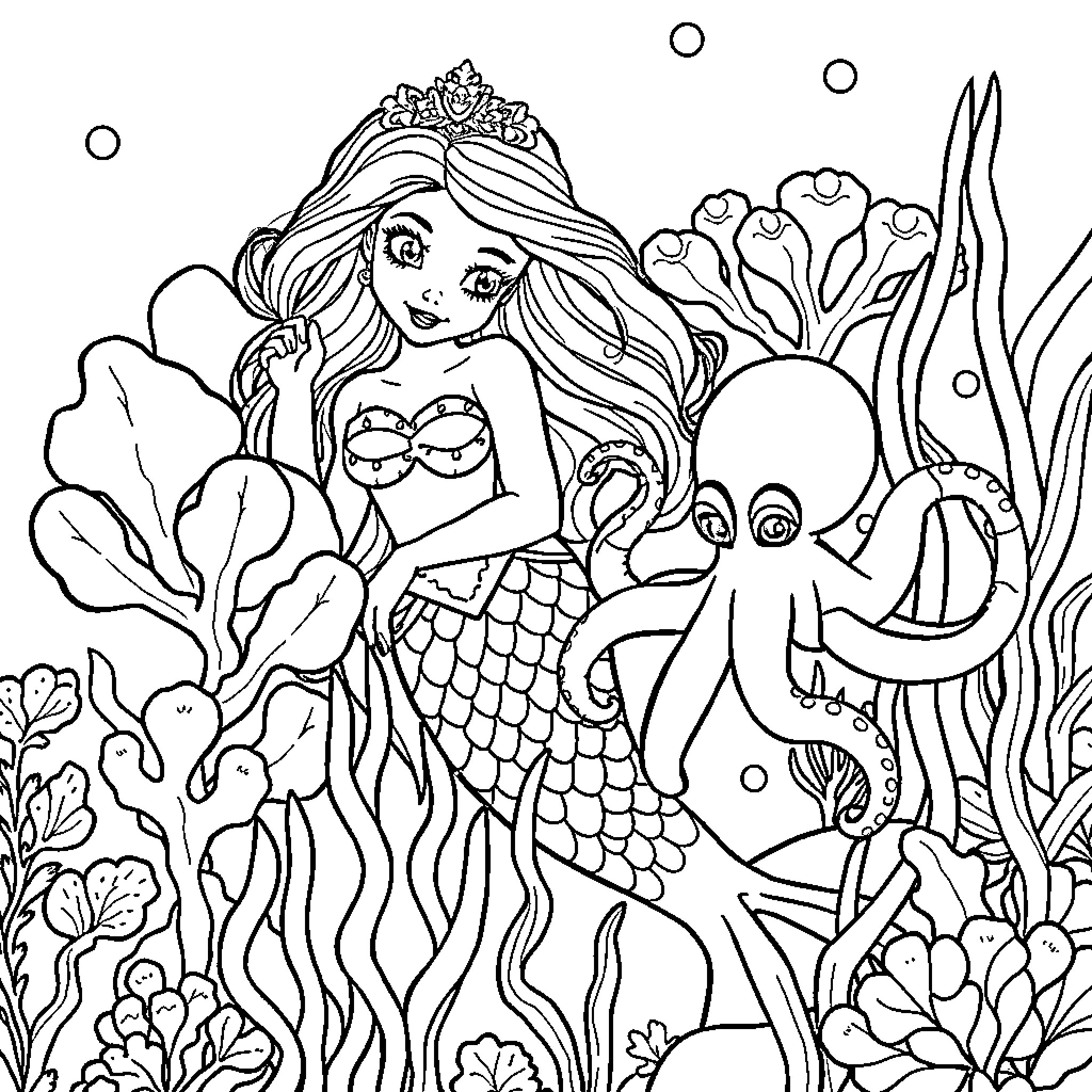 Mermaid in Underwater Wonderland Coloring Page (free black-and-white line drawing printable PDF for all, from beginners to advanced learners, including children, teens, adults, and seniors)