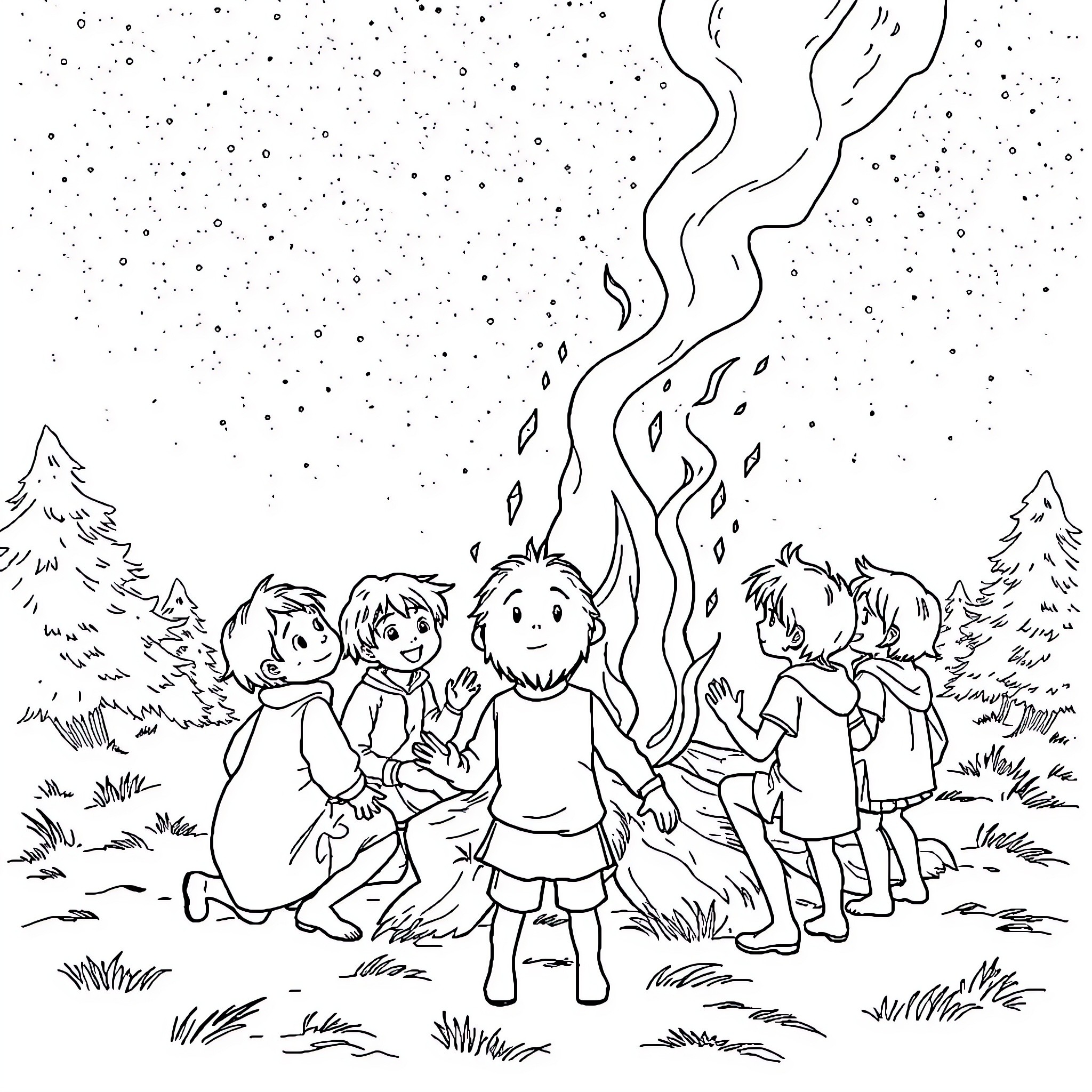 Enfant's Imaginative Campfire Adventure Coloring Page (free black-and-white line drawing printable PDF for all, from beginners to advanced learners, including children, teens, adults, and seniors)