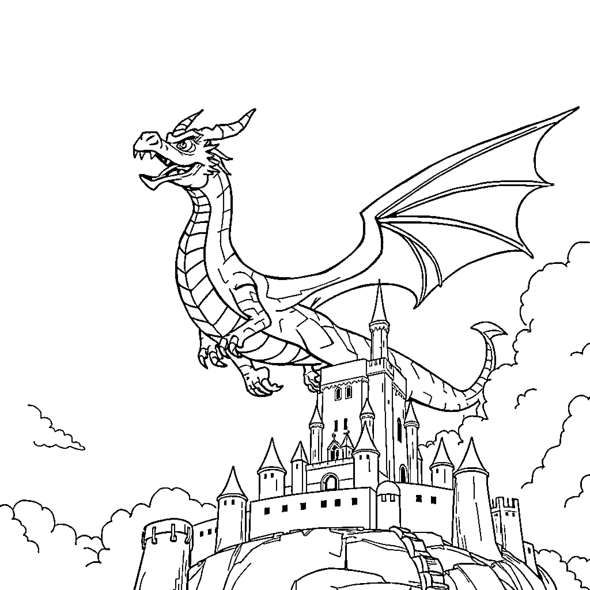 Dragon Guarding a Majestic Castle Coloring Page (free black-and-white line drawing printable PDF for all, from beginners to advanced learners, including children, teens, adults, and seniors)