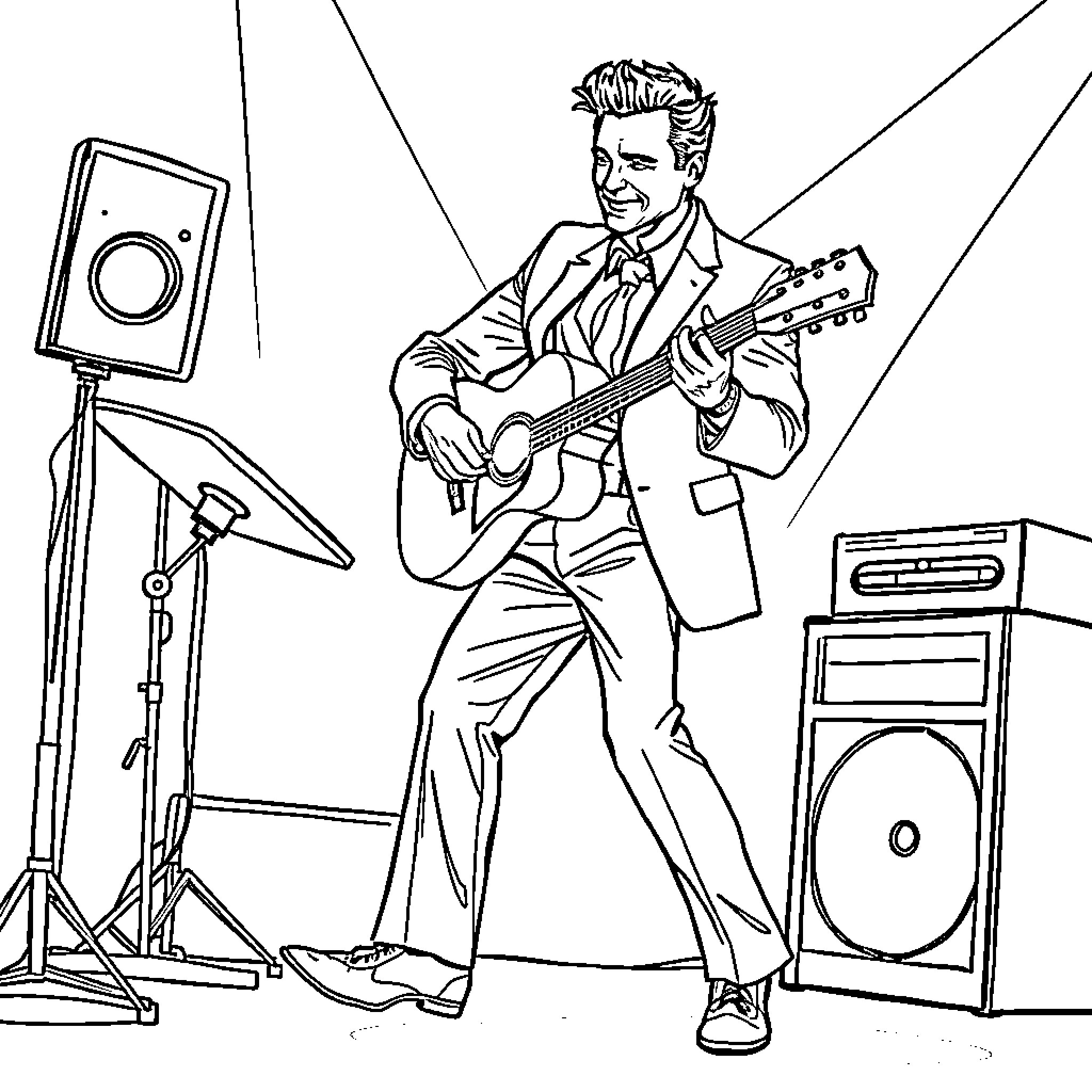 Man performing with guitar on stage Coloring Page (free black-and-white line drawing printable PDF for all, from beginners to advanced learners, including children, teens, adults, and seniors)