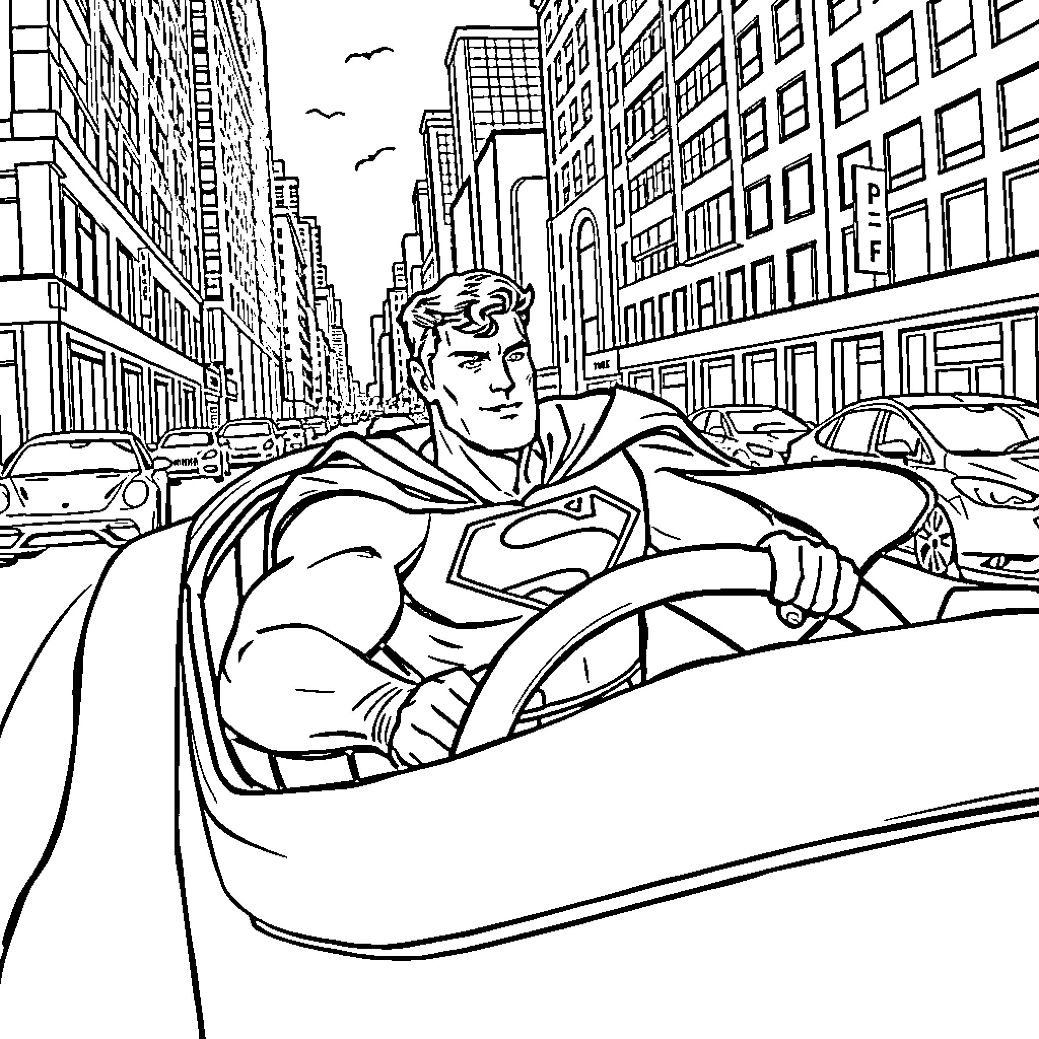 Superman driving fast through the city streets Coloring Page (free black-and-white line drawing printable PDF for all, from beginners to advanced learners, including children, teens, adults, and seniors)