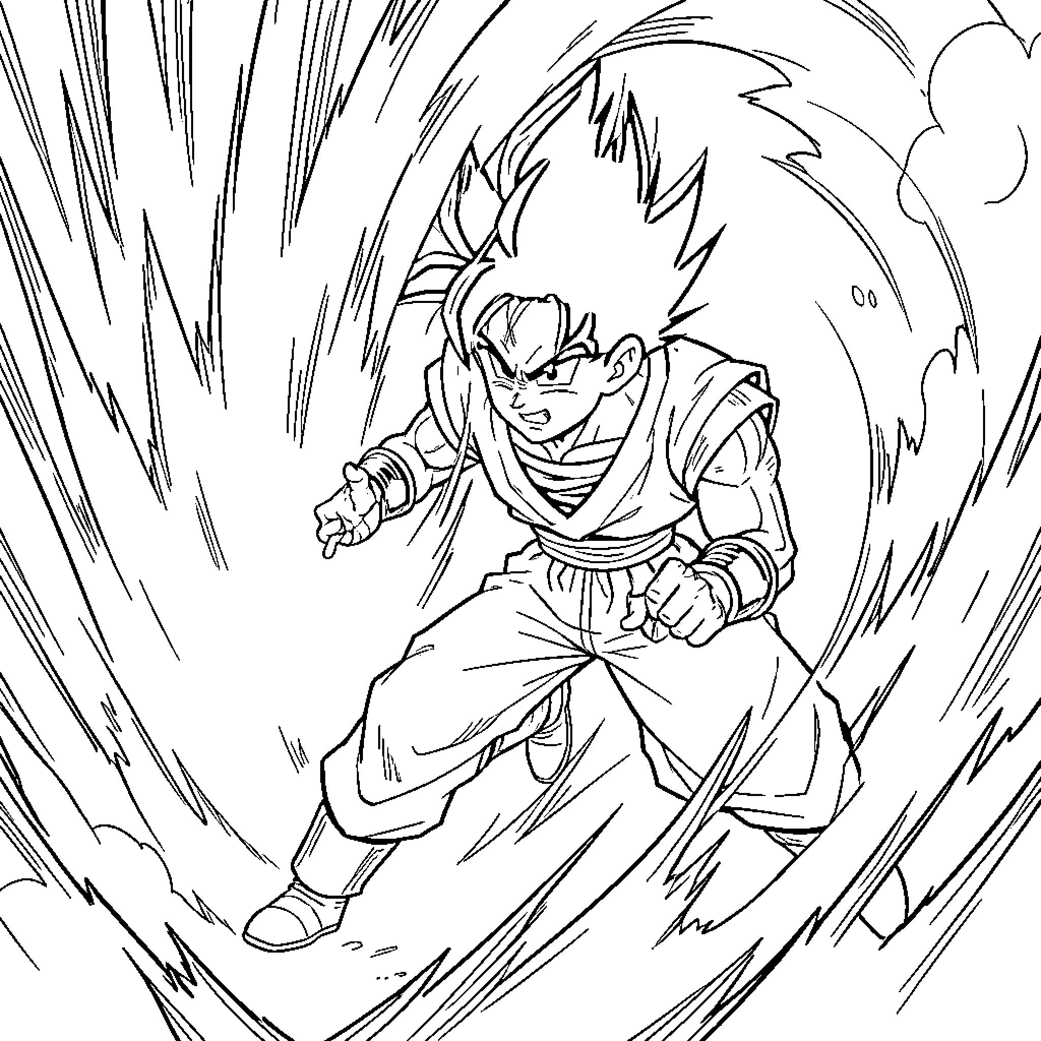 Sangoku powering up with intense energy and determination Coloring Page (free black-and-white line drawing printable PDF for all, from beginners to advanced learners, including children, teens, adults, and seniors)