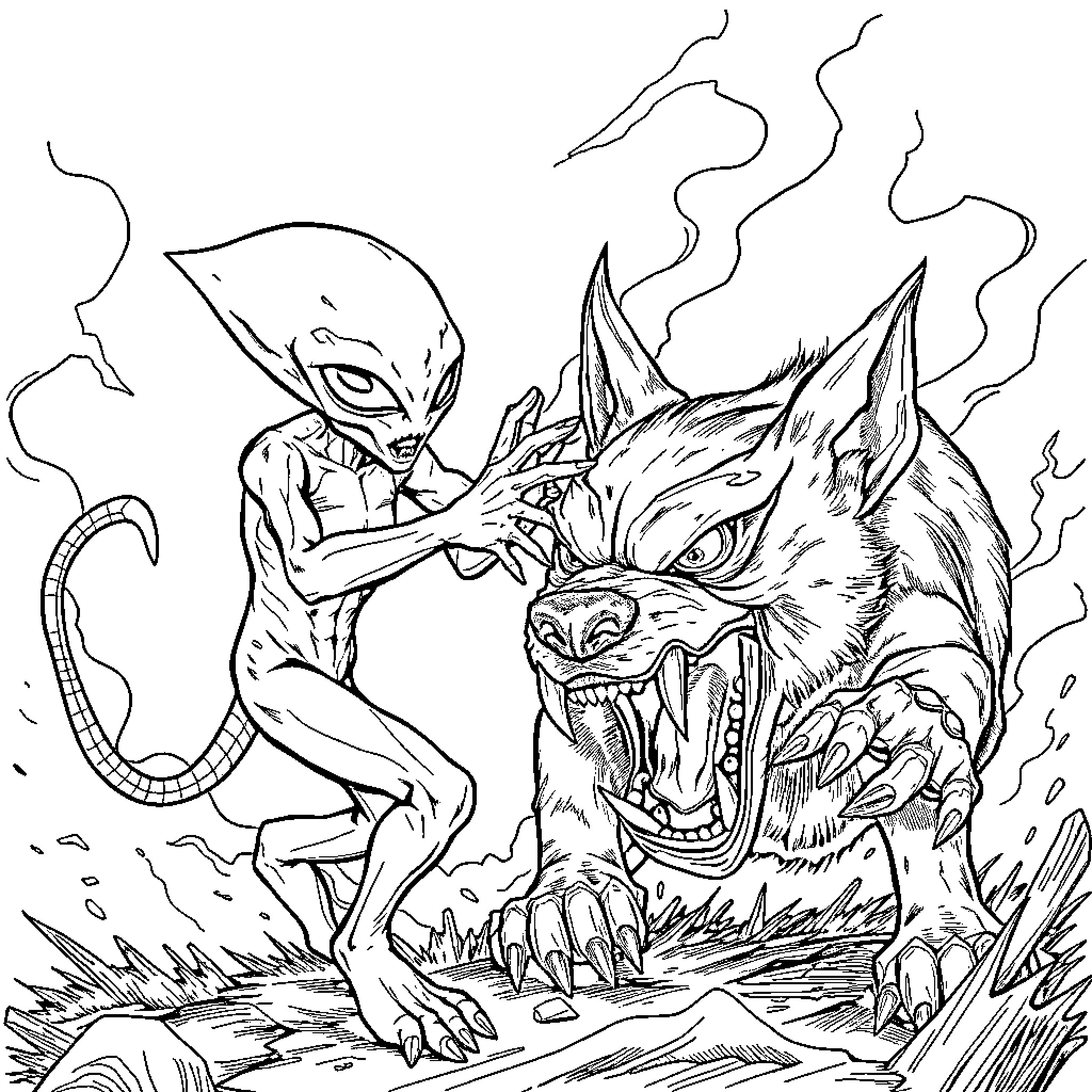 Alien creature confronting ferocious wolf-like beast Coloring Page (free black-and-white line drawing printable PDF for all, from beginners to advanced learners, including children, teens, adults, and seniors)
