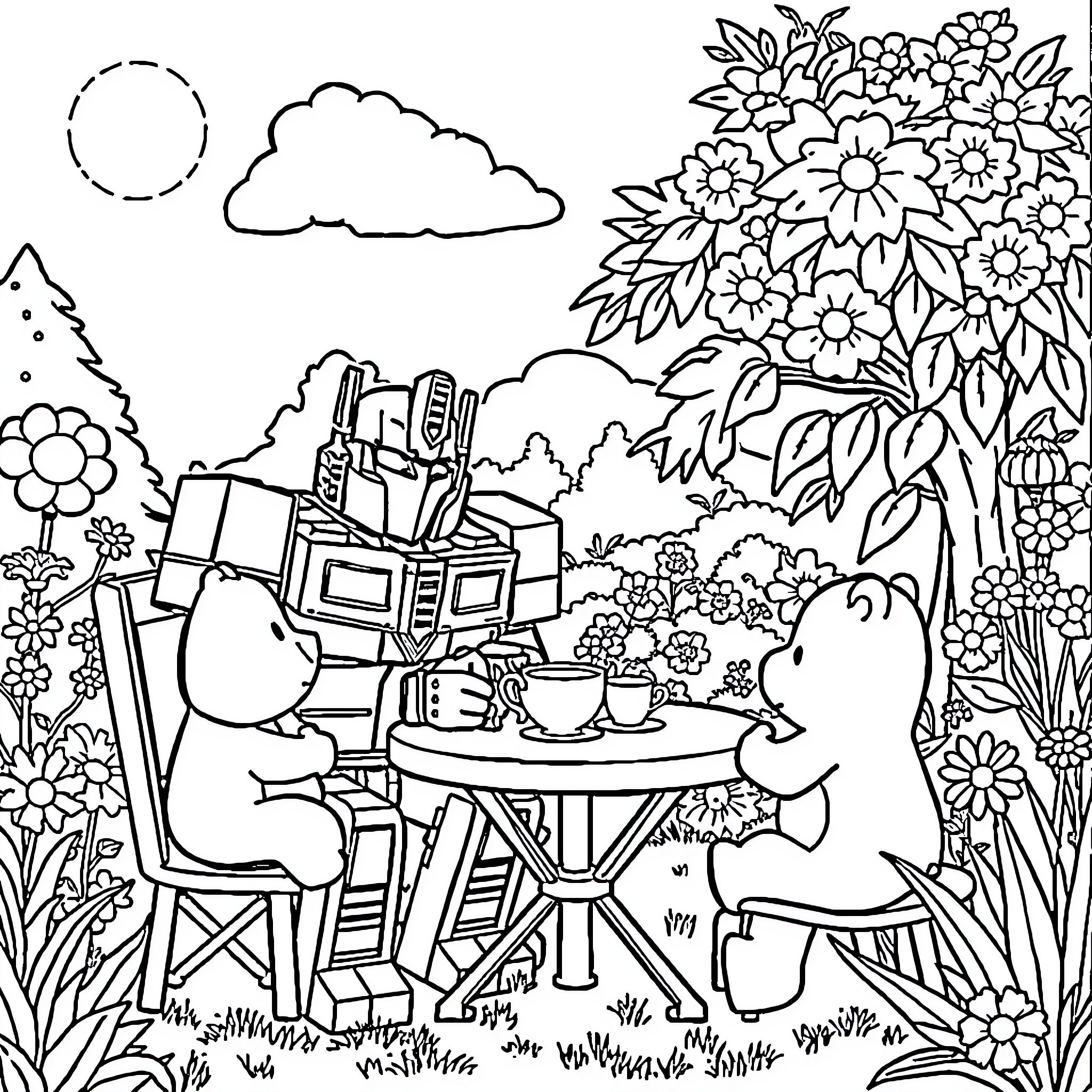 Optimus Prime enjoying a picnic in a floral garden Coloring Page (free black-and-white line drawing printable PDF for all, from beginners to advanced learners, including children, teens, adults, and seniors)