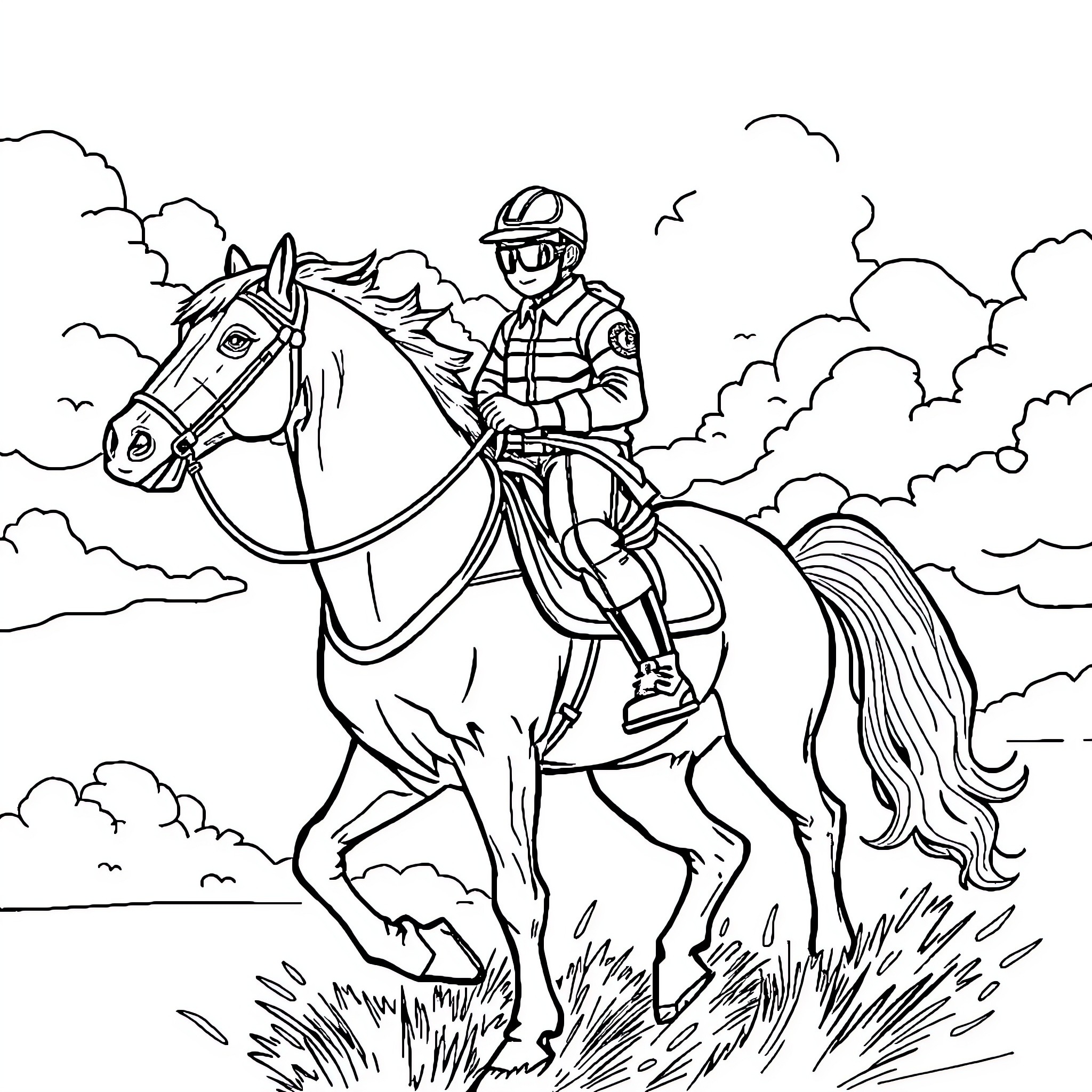 Blindboy Riding Horseback Through Countryside Coloring Page (free black-and-white line drawing printable PDF for all, from beginners to advanced learners, including children, teens, adults, and seniors)