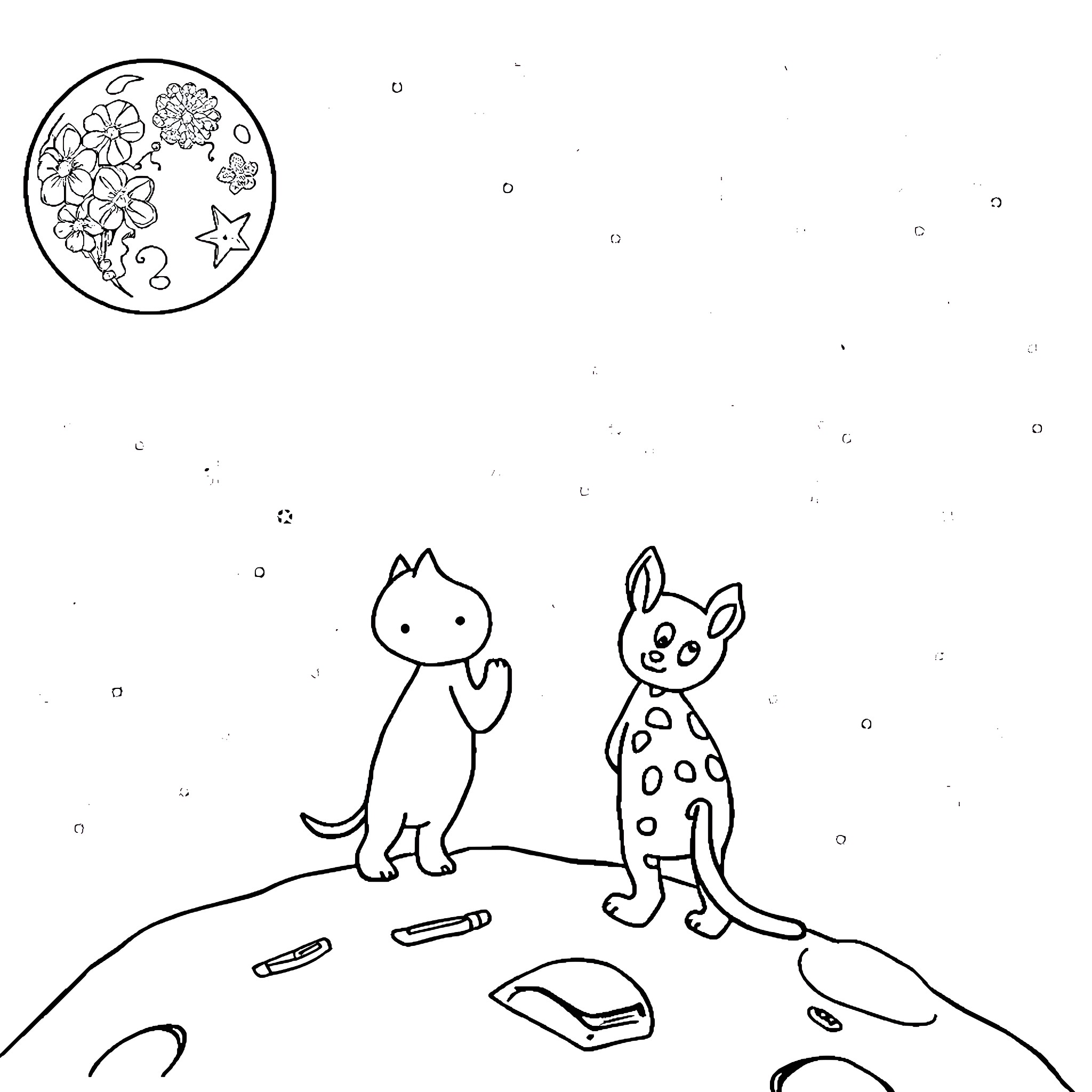 Bluey and friends exploring the night sky Coloring Page (free black-and-white line drawing printable PDF for all, from beginners to advanced learners, including children, teens, adults, and seniors)
