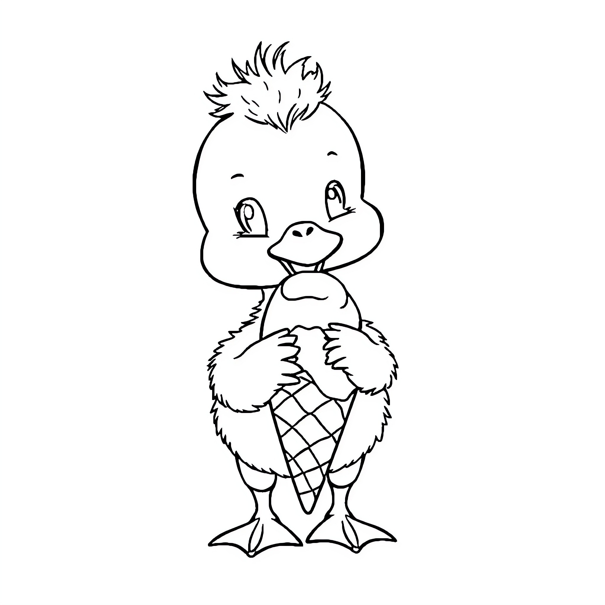 Duckling enjoying a tasty ice cream treat Coloring Page (free black-and-white line drawing printable PDF for all, from beginners to advanced learners, including children, teens, adults, and seniors)