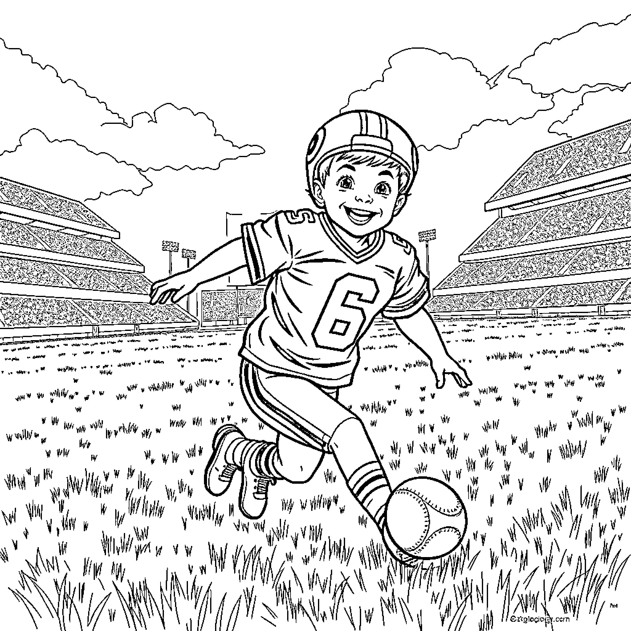 Boy playing football joyfully on the field Coloring Page (free black-and-white line drawing printable PDF for all, from beginners to advanced learners, including children, teens, adults, and seniors)