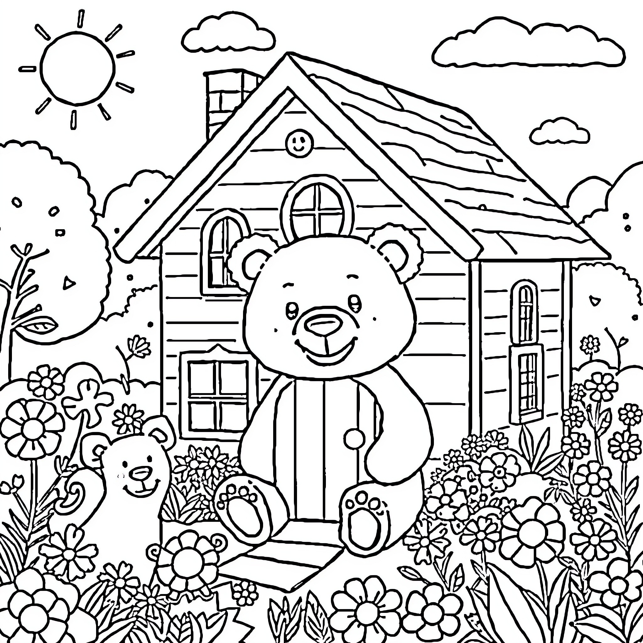 Bear relaxing in a cozy cabin surrounded by nature Coloring Page (free black-and-white line drawing printable PDF for all, from beginners to advanced learners, including children, teens, adults, and seniors)