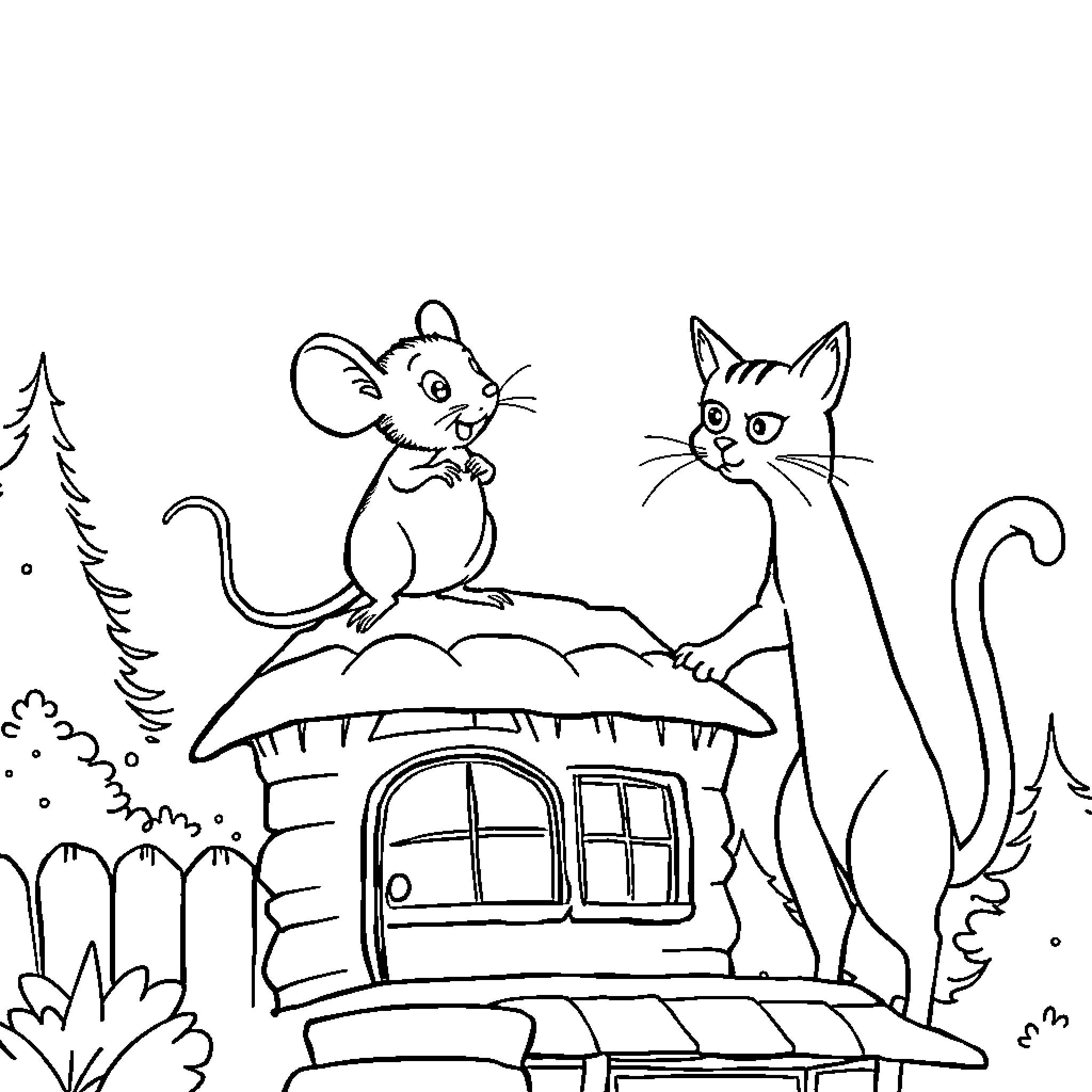 Mouse exploring a cozy cabin with a cat Coloring Page (free black-and-white line drawing printable PDF for all, from beginners to advanced learners, including children, teens, adults, and seniors)