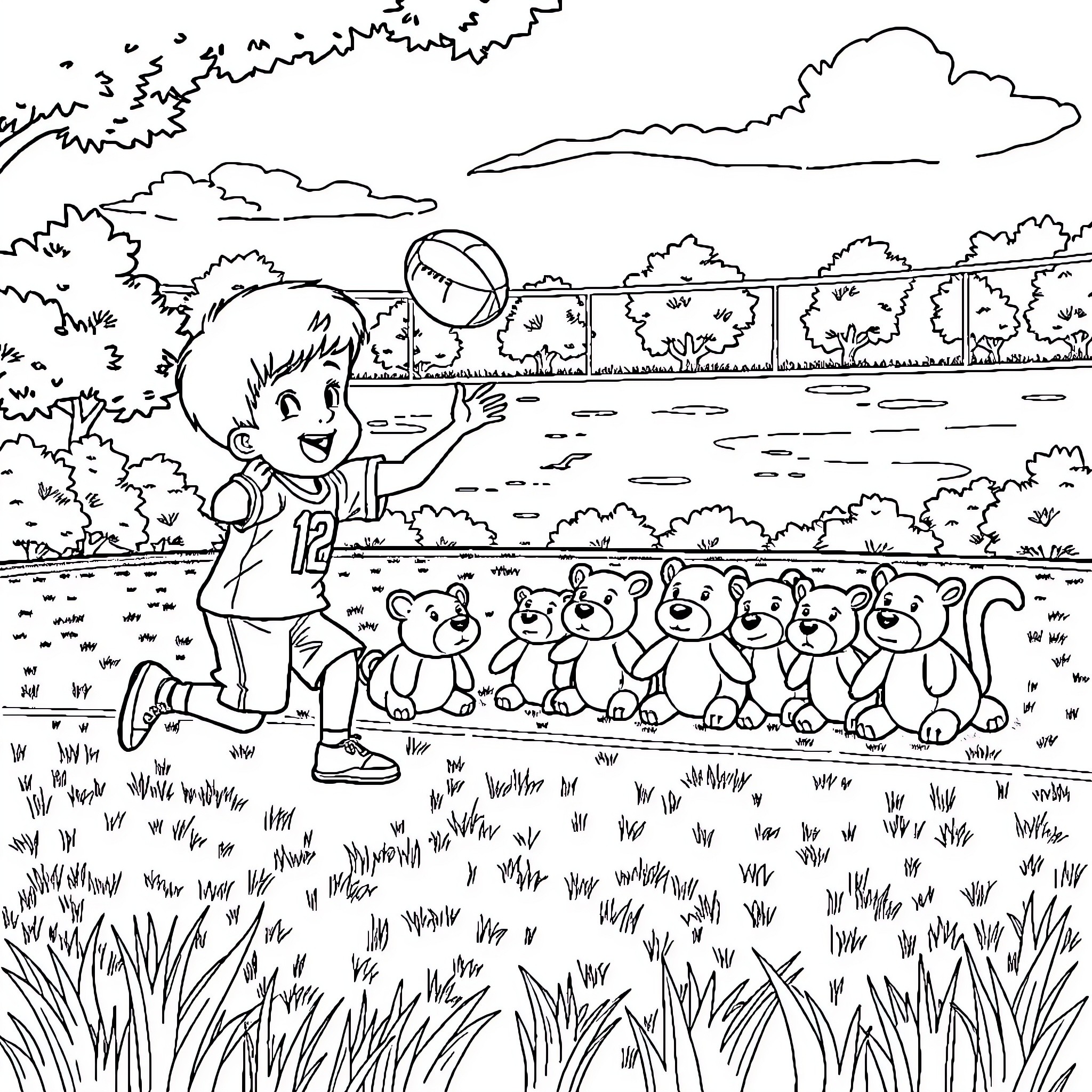Boy playing with plush bears in nature Coloring Page (free black-and-white line drawing printable PDF for all, from beginners to advanced learners, including children, teens, adults, and seniors)