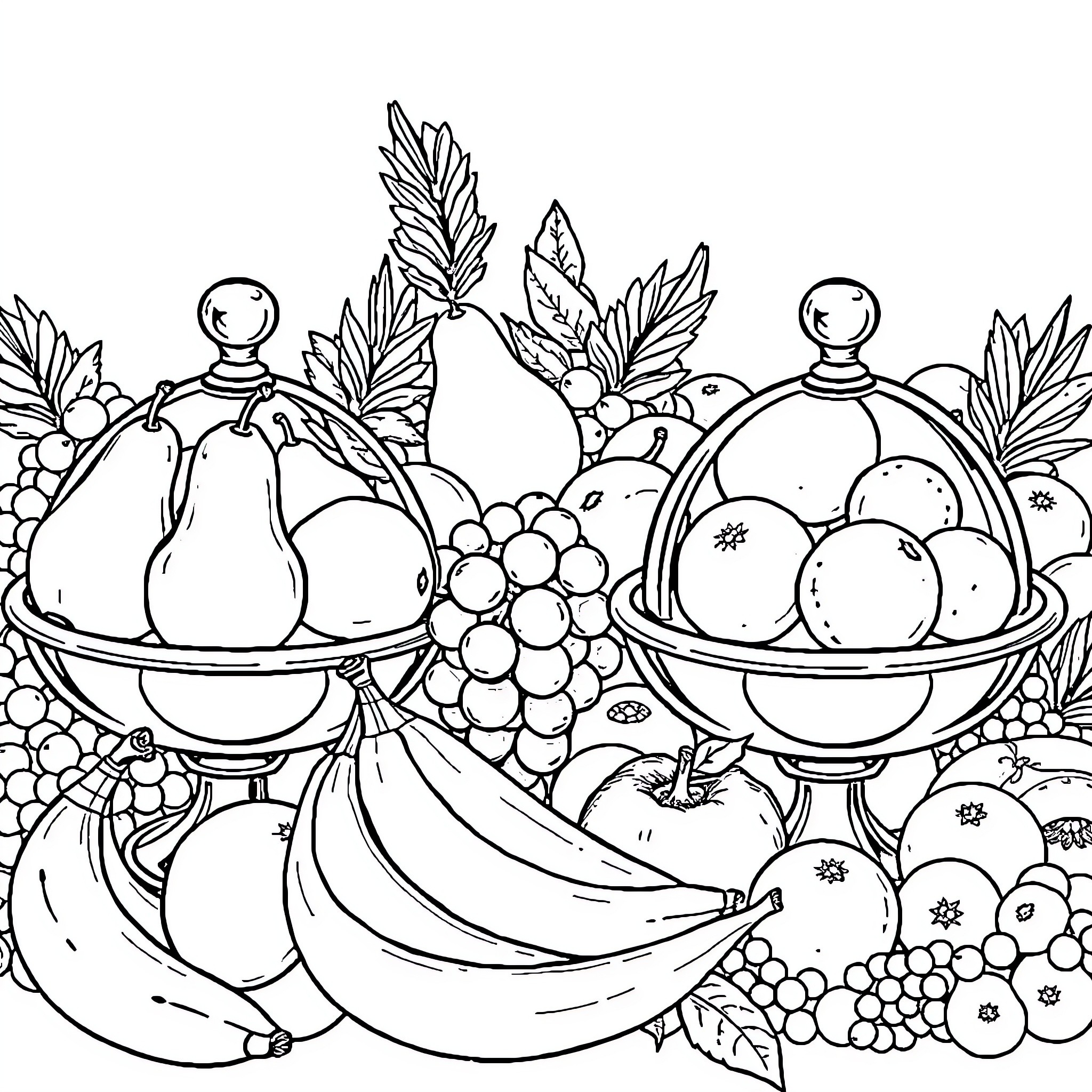 Fruit Bowls Filled with Vibrant Produce Coloring Page (free black-and-white line drawing printable PDF for all, from beginners to advanced learners, including children, teens, adults, and seniors)