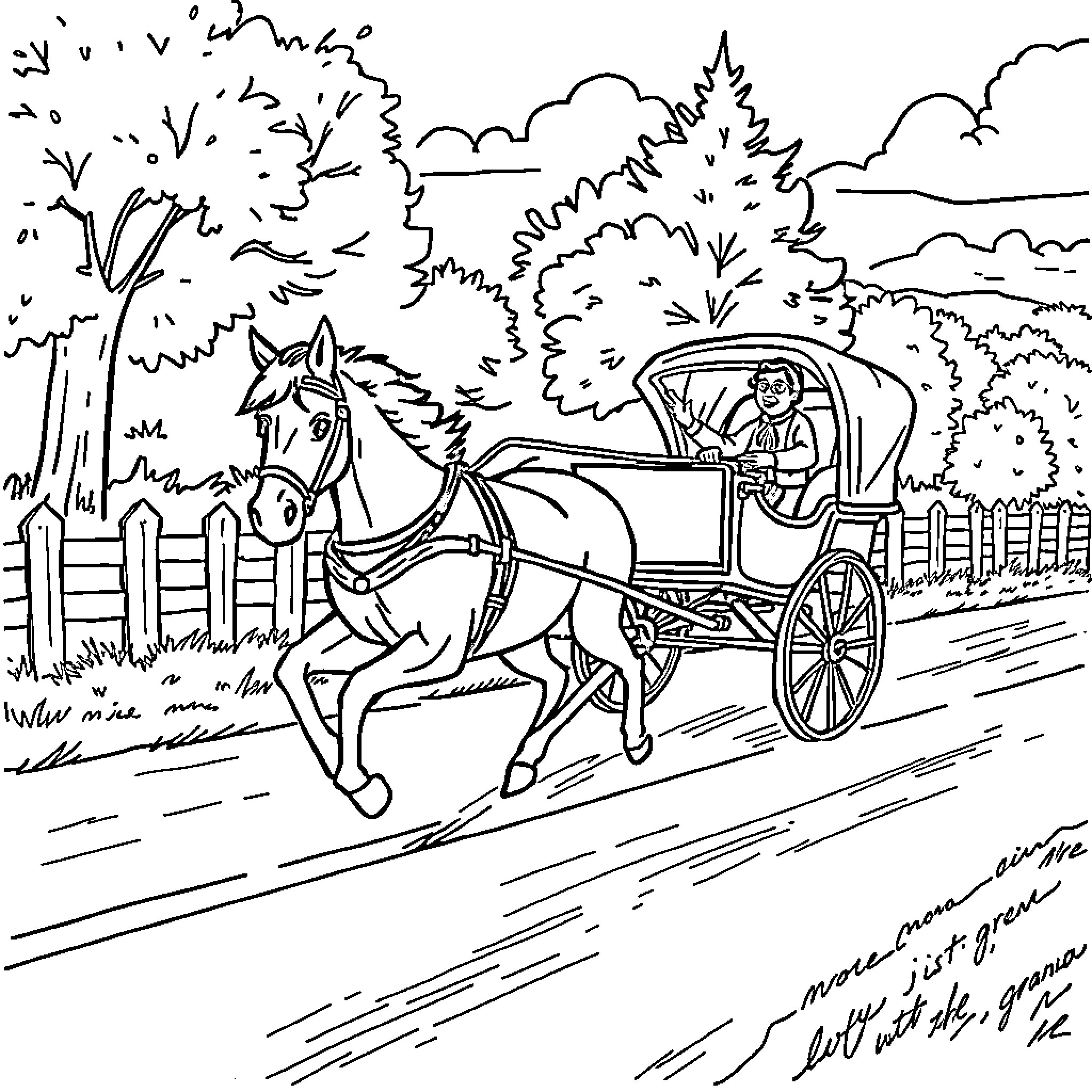 Horse-drawn carriage ride through the countryside Coloring Page (free black-and-white line drawing printable PDF for all, from beginners to advanced learners, including children, teens, adults, and seniors)