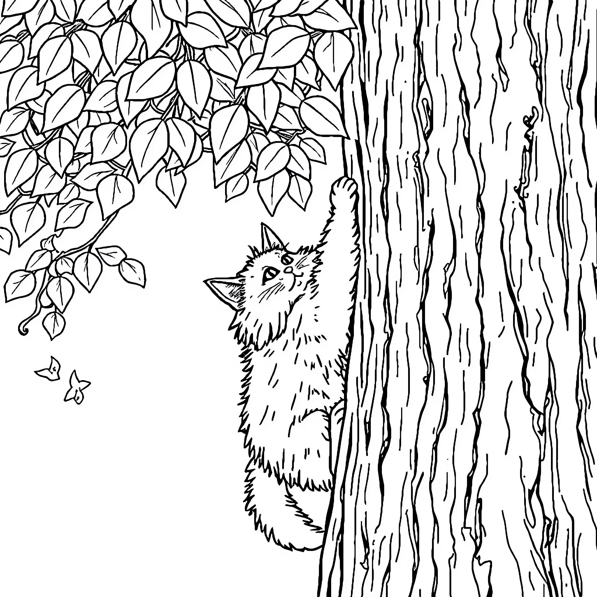 Cat hiding behind tree trunk in nature Coloring Page (free black-and-white line drawing printable PDF for all, from beginners to advanced learners, including children, teens, adults, and seniors)
