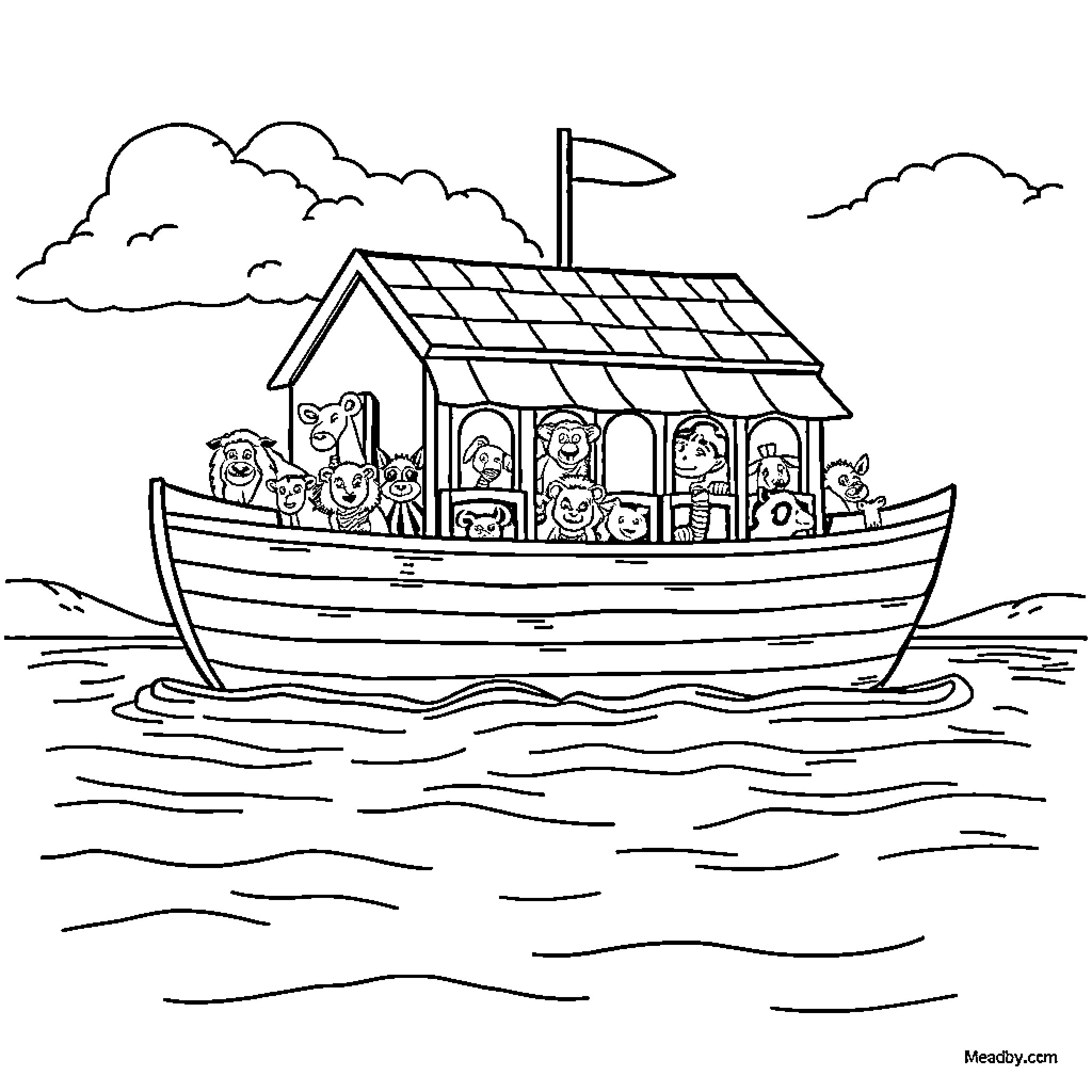 Noah's Ark filled with diverse animal passengers Coloring Page (free black-and-white line drawing printable PDF for all, from beginners to advanced learners, including children, teens, adults, and seniors)