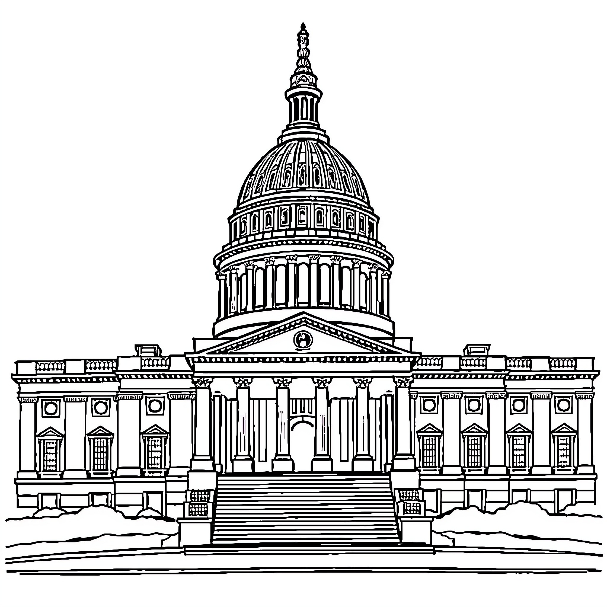 Capitol Building in Black and White Illustration Coloring Page (free black-and-white line drawing printable PDF for all, from beginners to advanced learners, including children, teens, adults, and seniors)