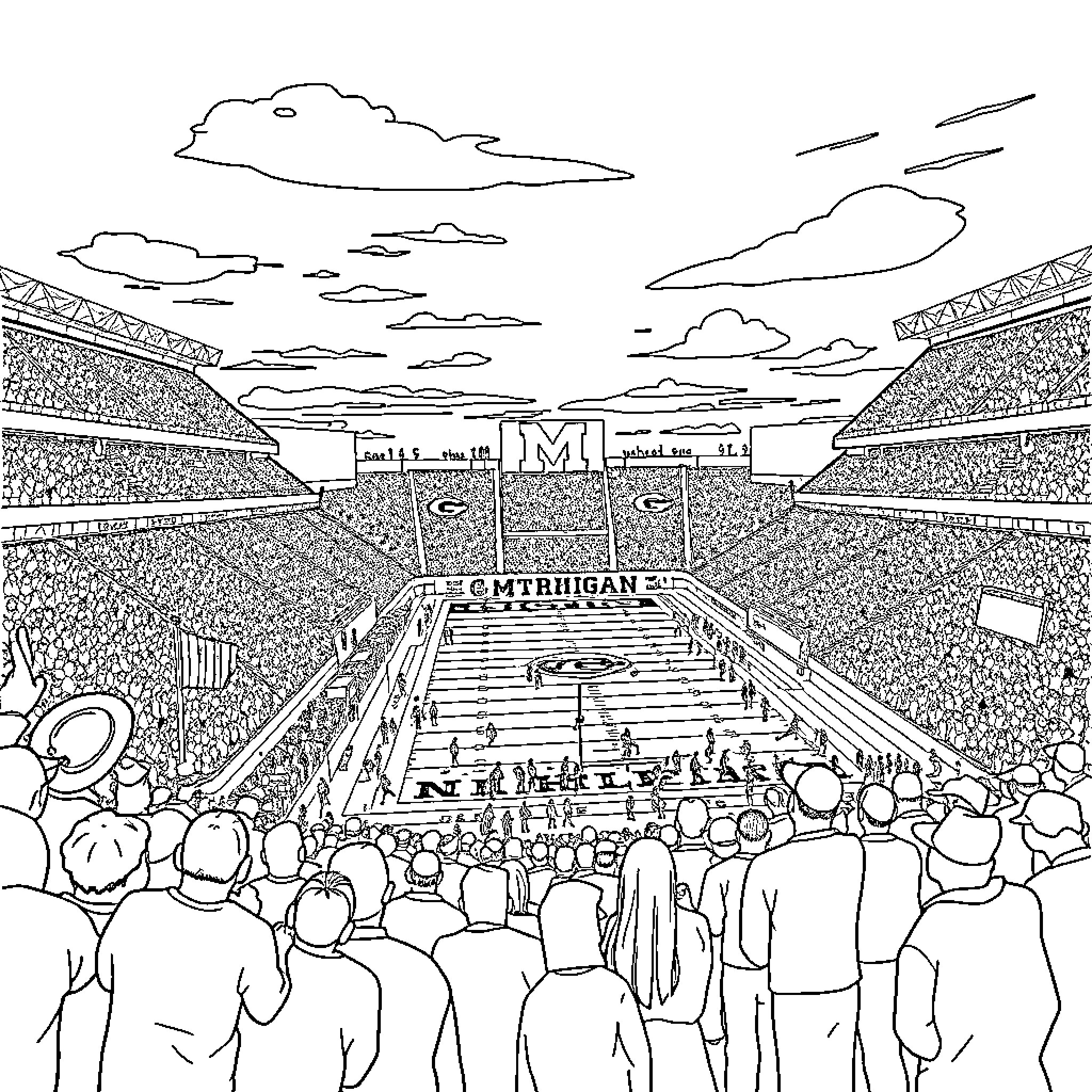 University of Michigan Sports Stadium Filled With Excited Crowd Coloring Page (free black-and-white line drawing printable PDF for all, from beginners to advanced learners, including children, teens, adults, and seniors)
