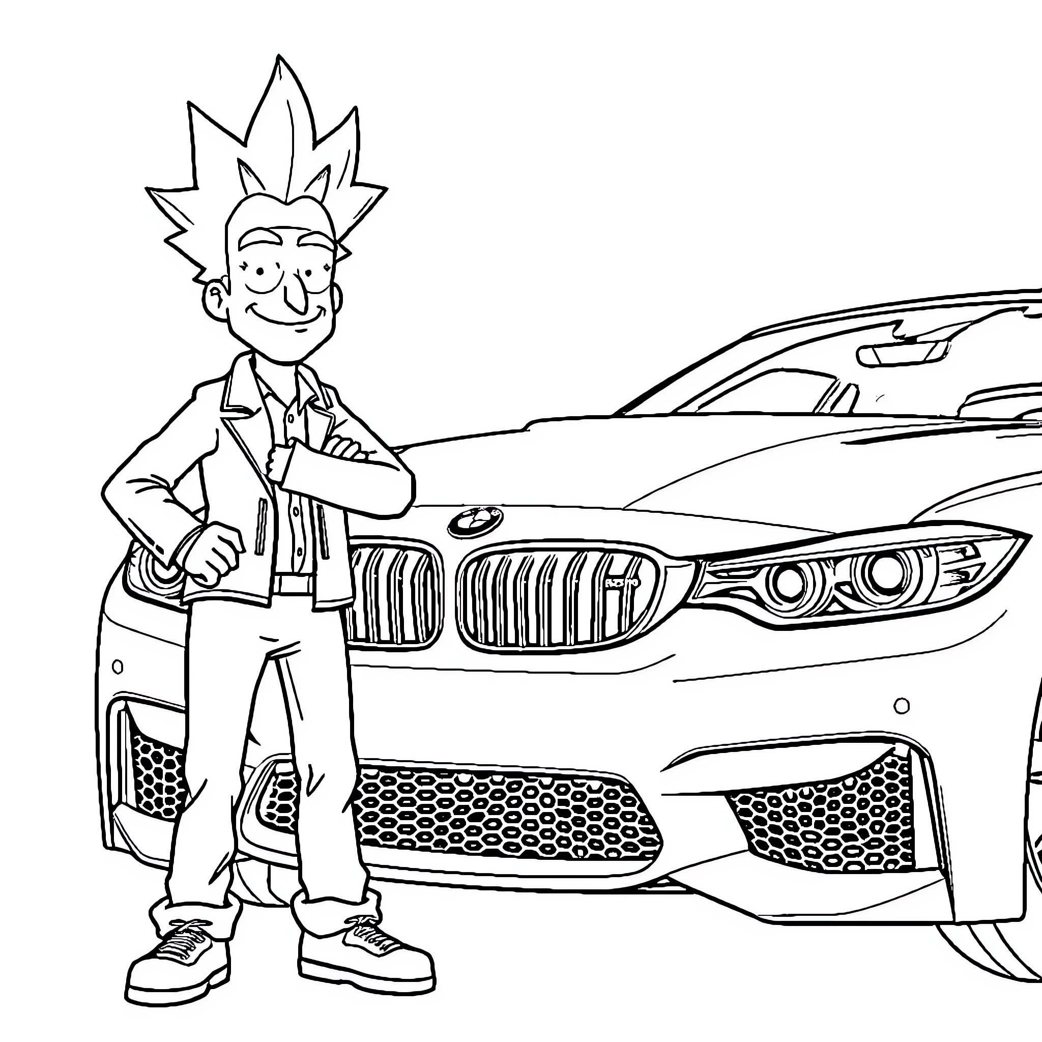 Rick Sanchez posing proudly with his futuristic vehicle Coloring Page (free black-and-white line drawing printable PDF for all, from beginners to advanced learners, including children, teens, adults, and seniors)