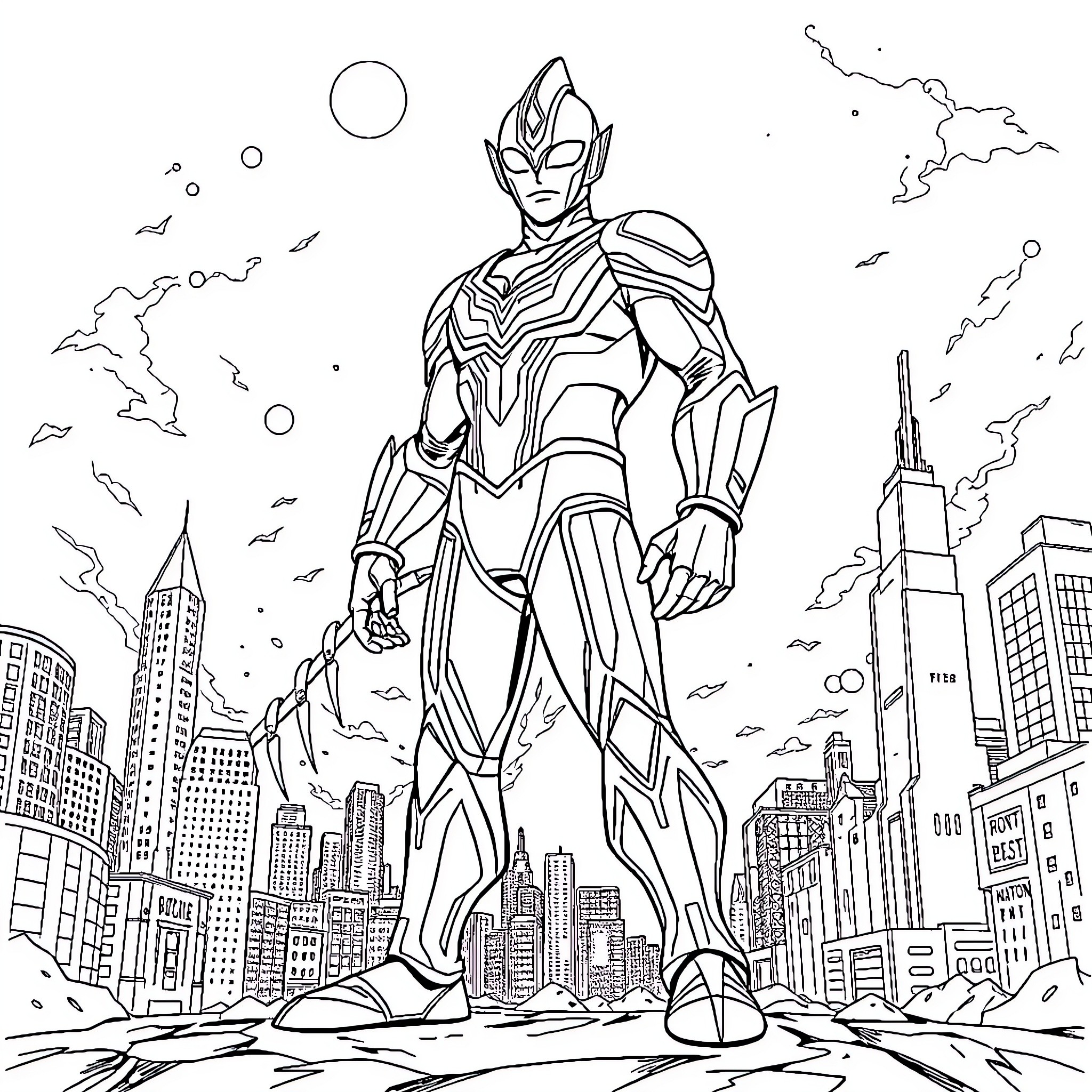 Ultraman protecting the city from danger Coloring Page (free black-and-white line drawing printable PDF for all, from beginners to advanced learners, including children, teens, adults, and seniors)