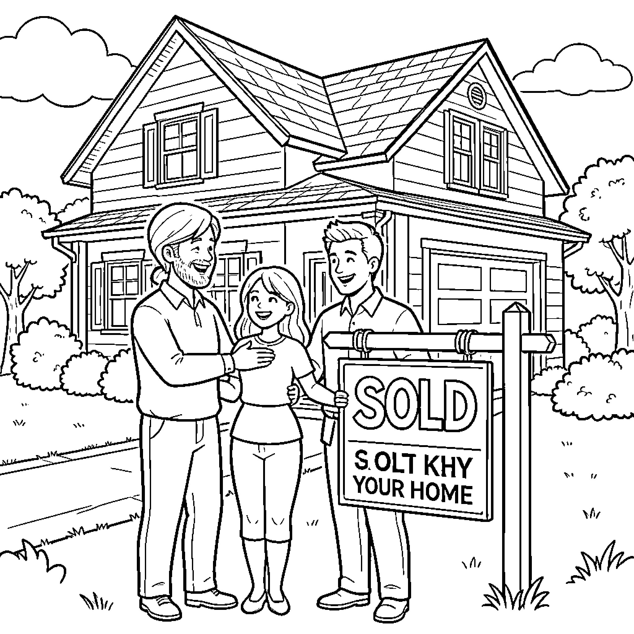 Real Estate Agent Celebrating Home Sale with Clients Coloring Page (free black-and-white line drawing printable PDF for all, from beginners to advanced learners, including children, teens, adults, and seniors)