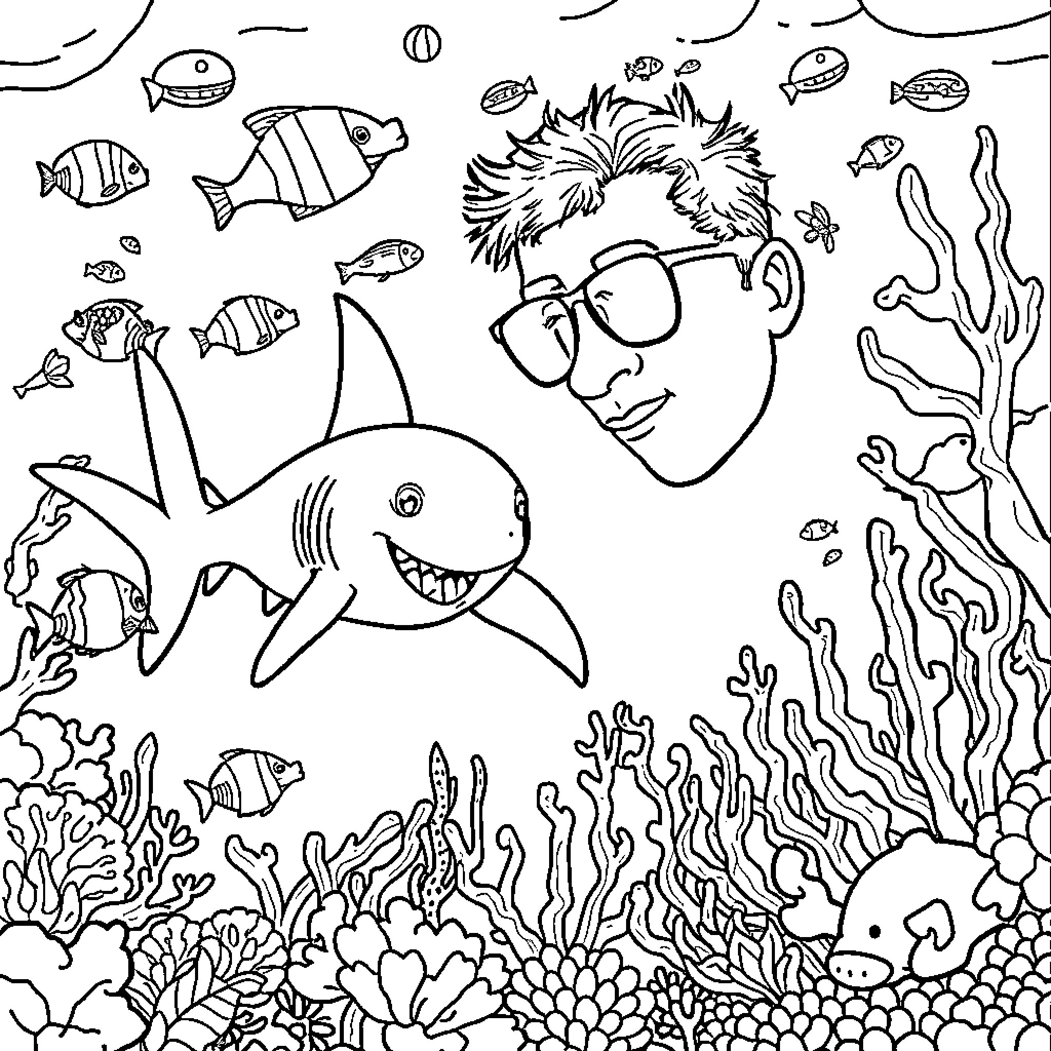 Shark-filled underwater scene with a smiling person Coloring Page (free black-and-white line drawing printable PDF for all, from beginners to advanced learners, including children, teens, adults, and seniors)