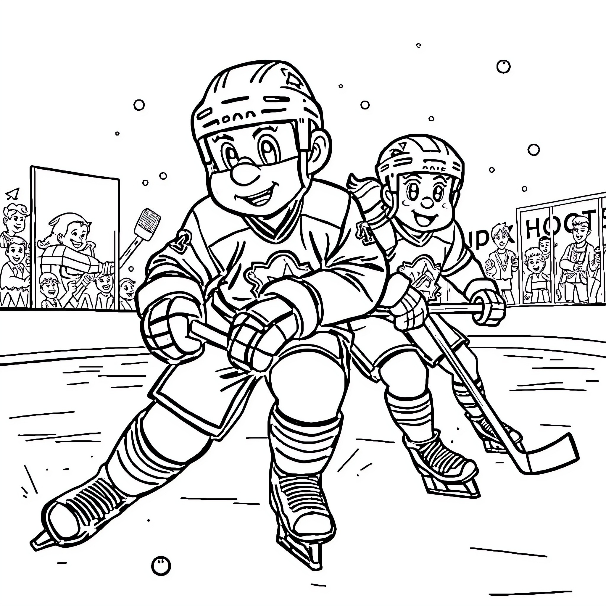 Bluey and friend playing hockey on the rink Coloring Page (free black-and-white line drawing printable PDF for all, from beginners to advanced learners, including children, teens, adults, and seniors)