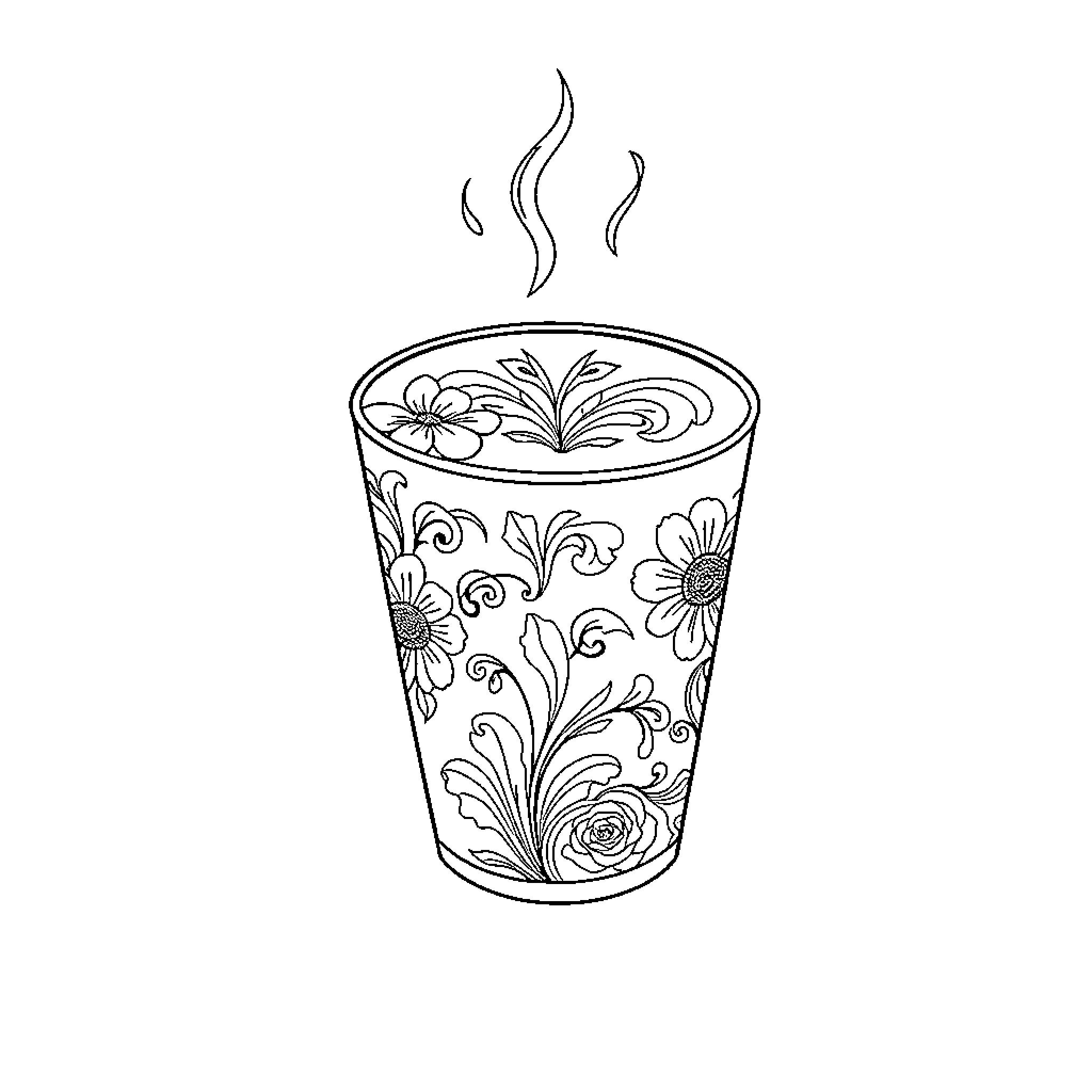 Coffee cup with floral patterns Coloring Page (free black-and-white line drawing printable PDF for all, from beginners to advanced learners, including children, teens, adults, and seniors)