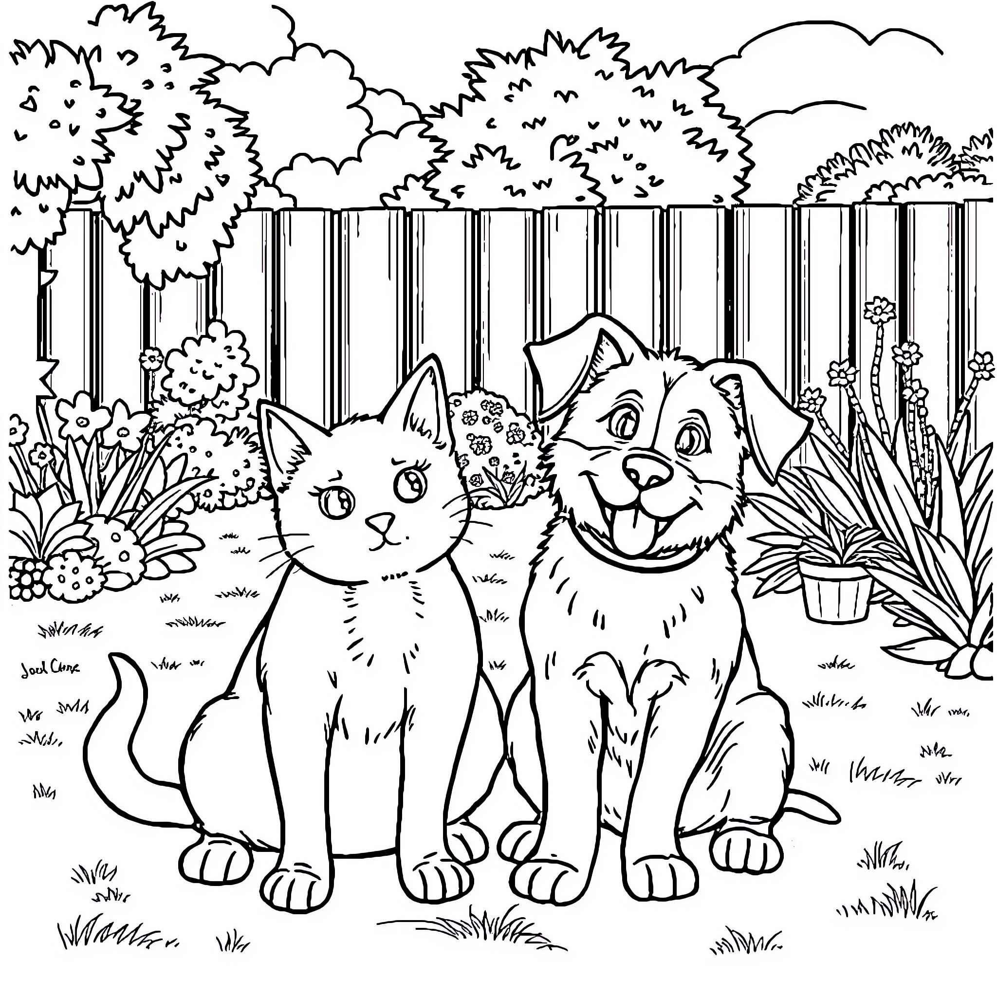 Cat and Dog Playing in the Garden Coloring Page (free black-and-white line drawing printable PDF for all, from beginners to advanced learners, including children, teens, adults, and seniors)