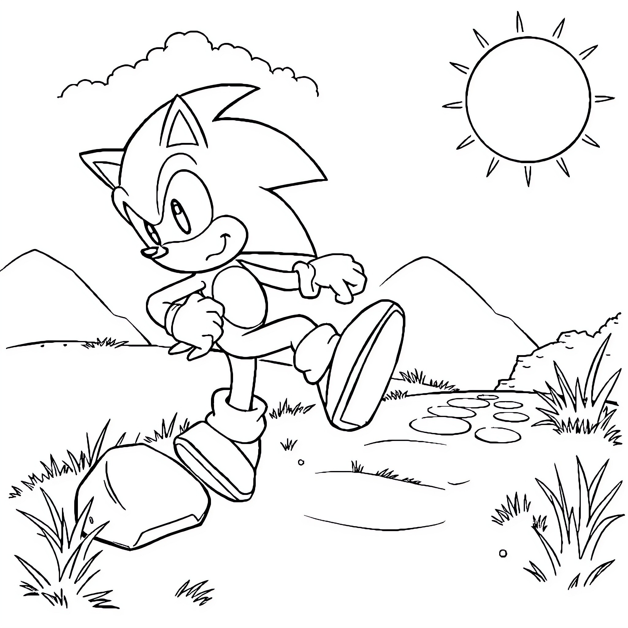 Sonic running happily through the countryside Coloring Page (free black-and-white line drawing printable PDF for all, from beginners to advanced learners, including children, teens, adults, and seniors)