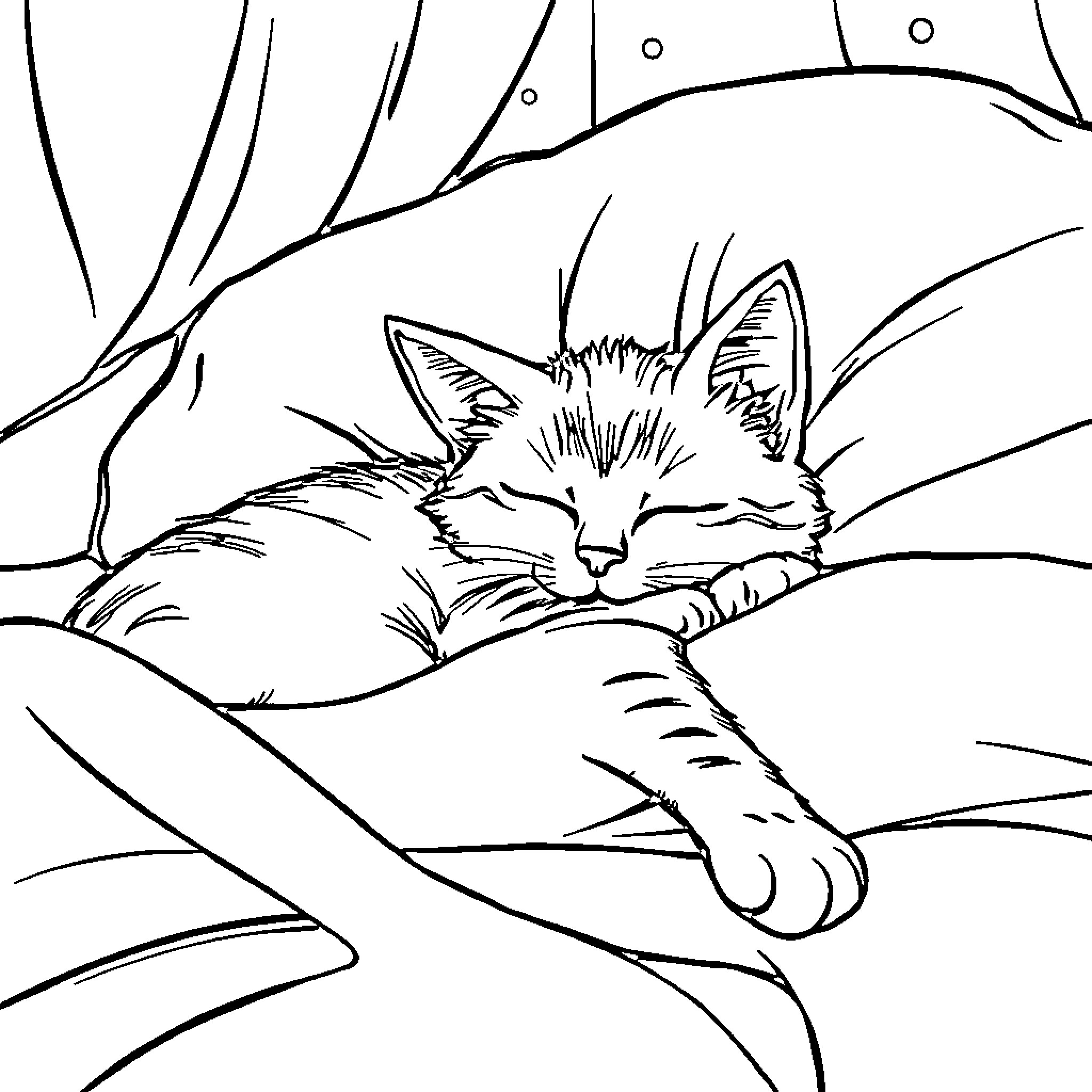 Chat about a cozy cat napping in the wilderness Coloring Page (free black-and-white line drawing printable PDF for all, from beginners to advanced learners, including children, teens, adults, and seniors)