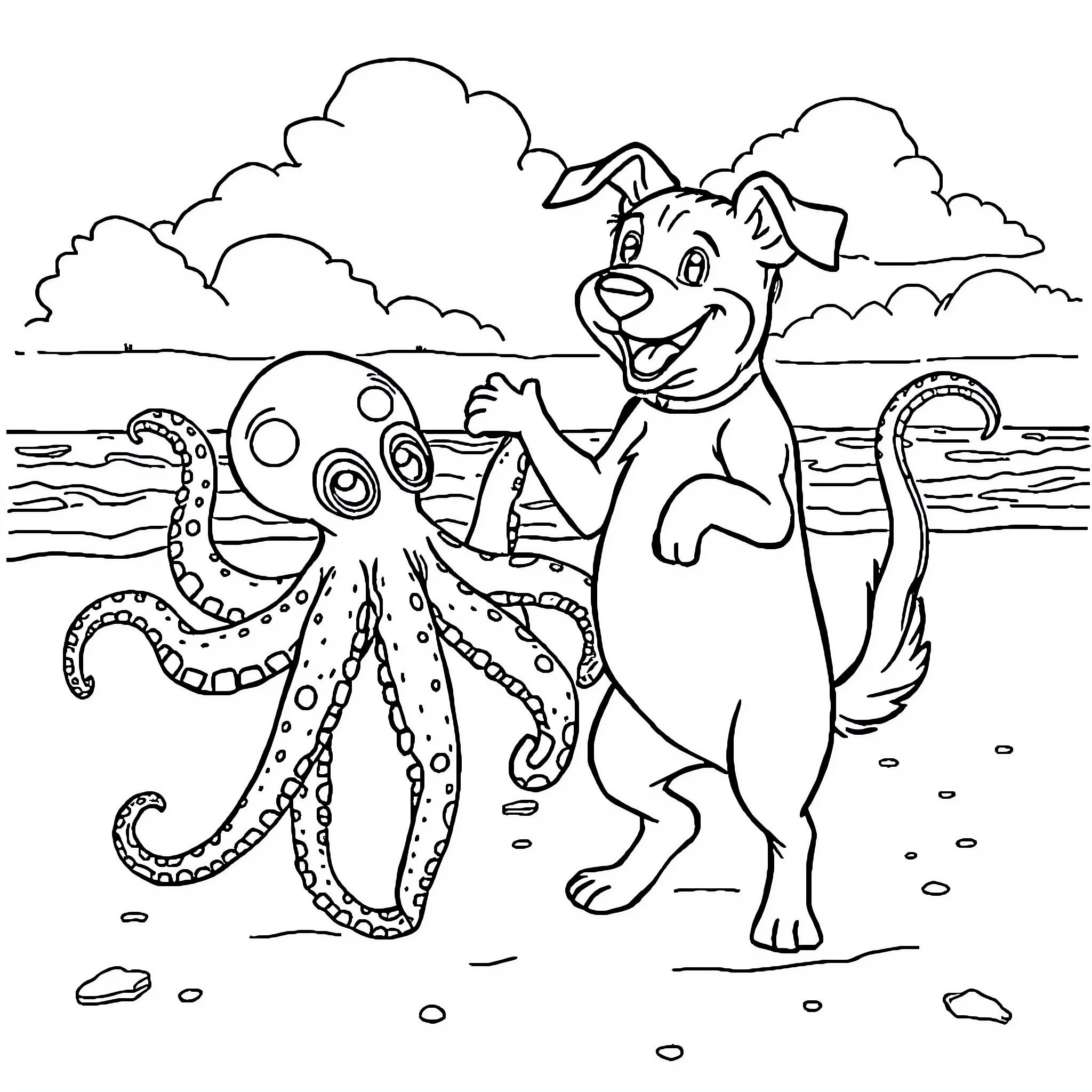 Dog playing with octopus on the beach Coloring Page (free black-and-white line drawing printable PDF for all, from beginners to advanced learners, including children, teens, adults, and seniors)